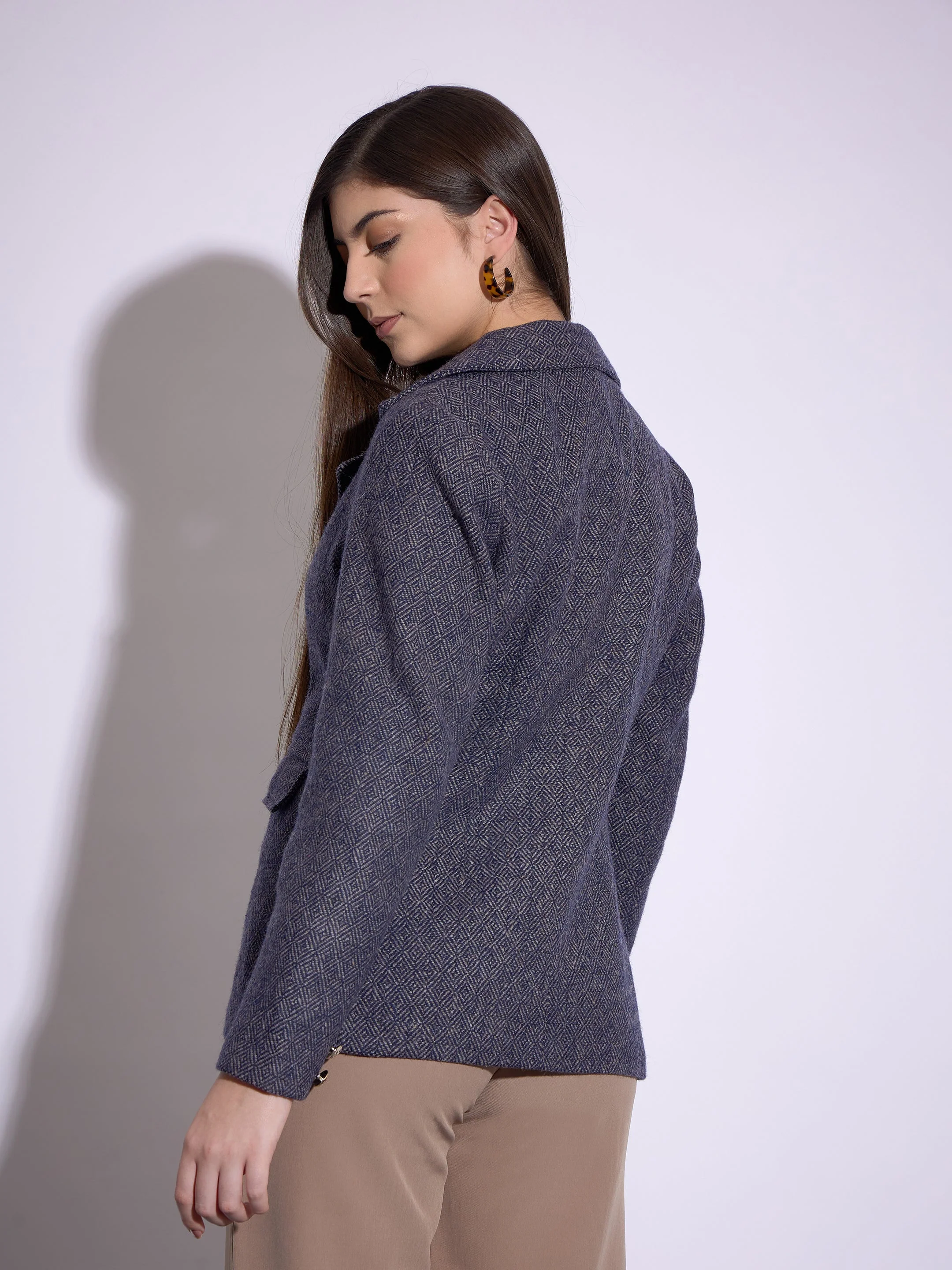Women Navy Tweed Notch Collar Single-Breasted Blazer - Image 5