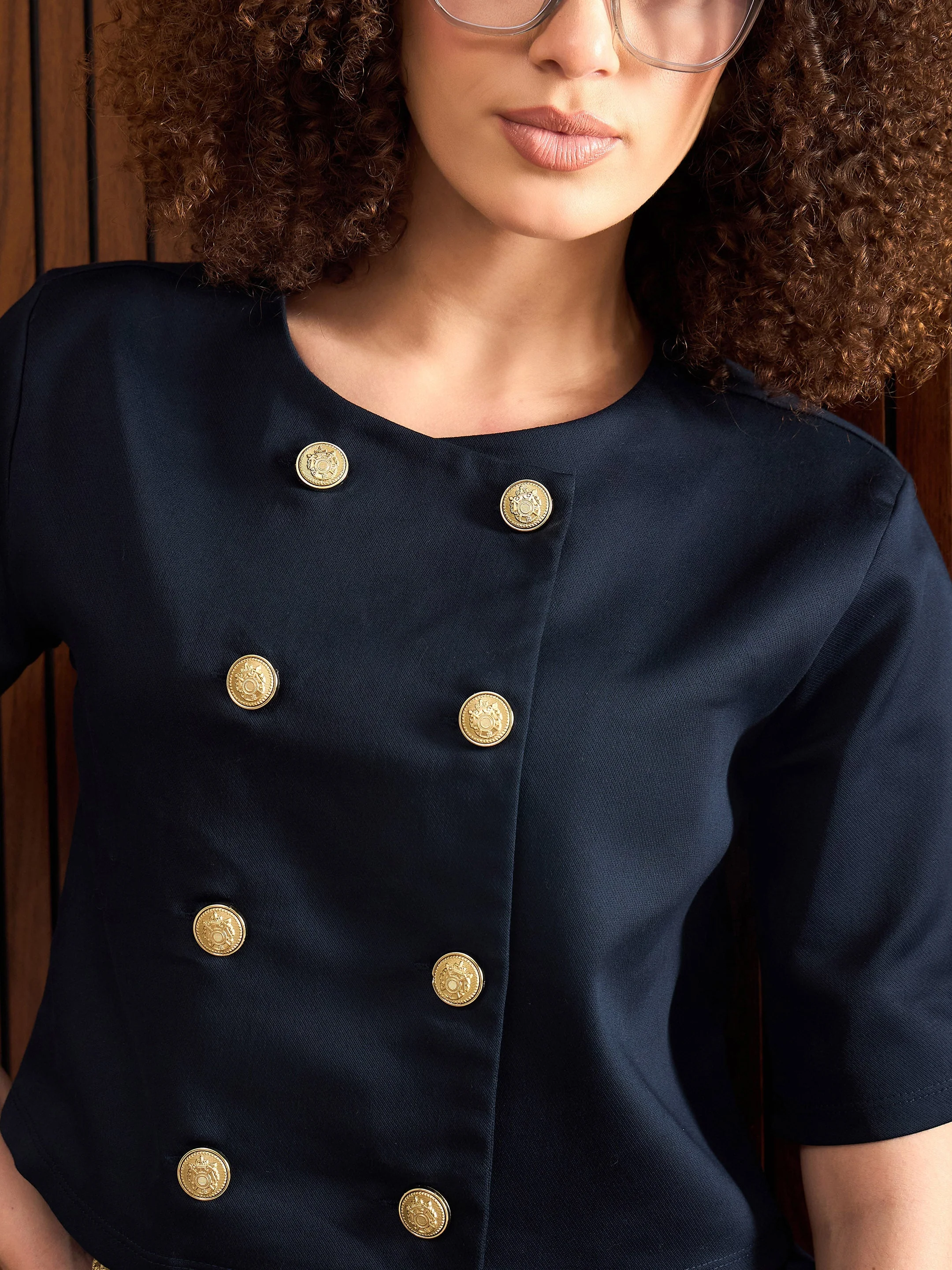 Women Navy Twill Double Breast Top - Image 3