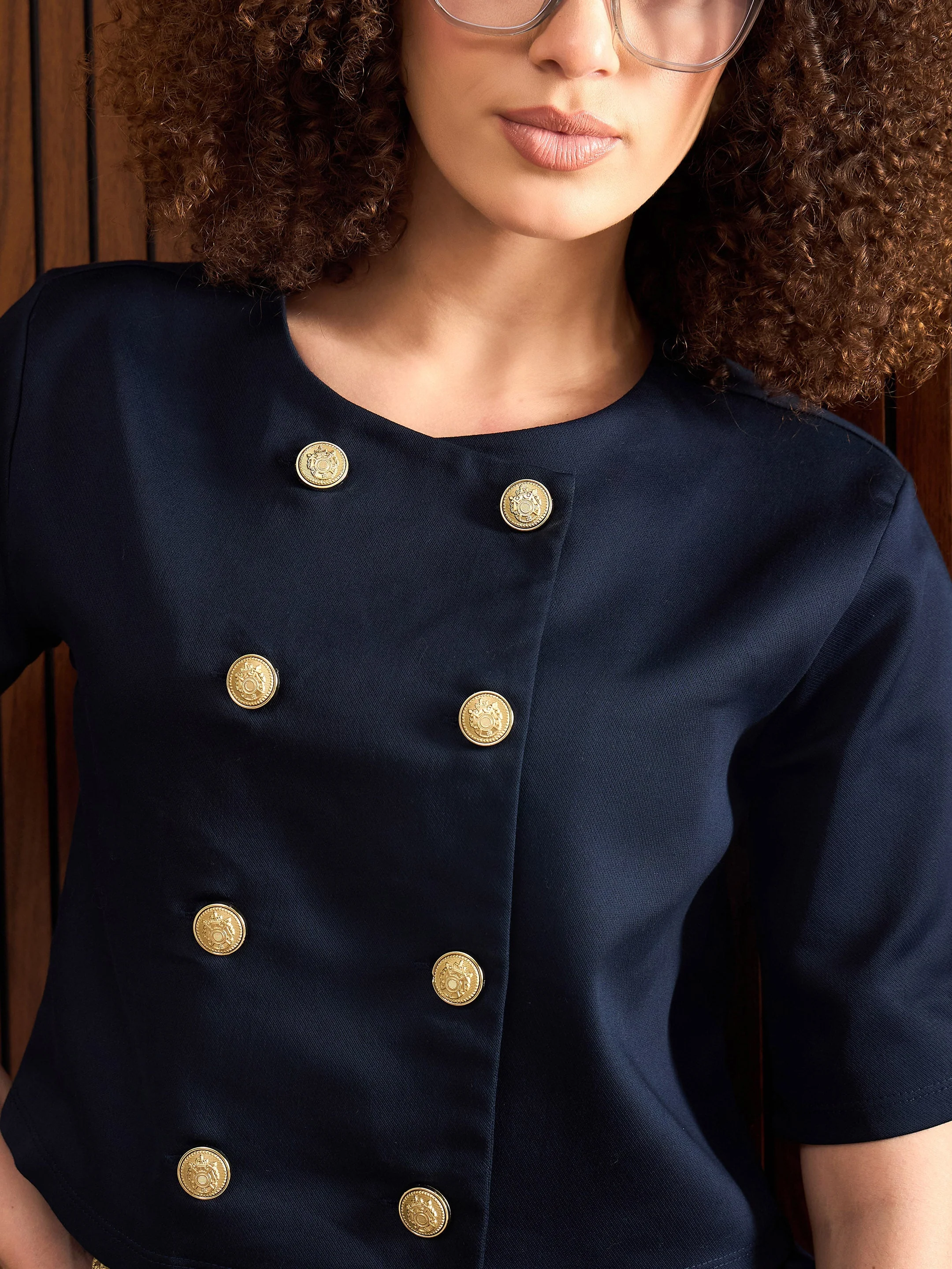 Women Navy Twill Double Breast Top With Short Skirt - Image 2