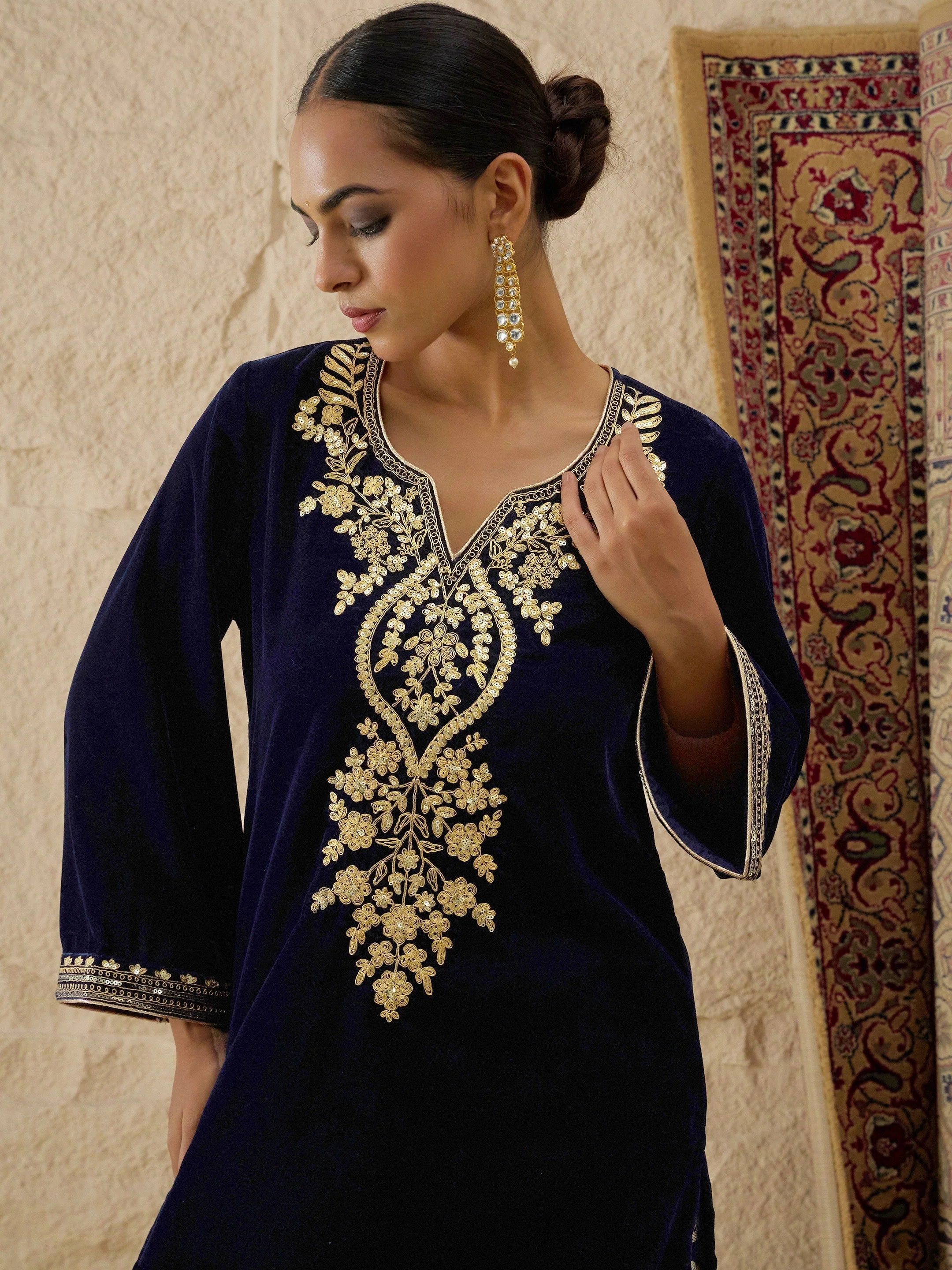 Women Navy Velvet Embroidered Short Kurta With Farshi Salwar - Image 2