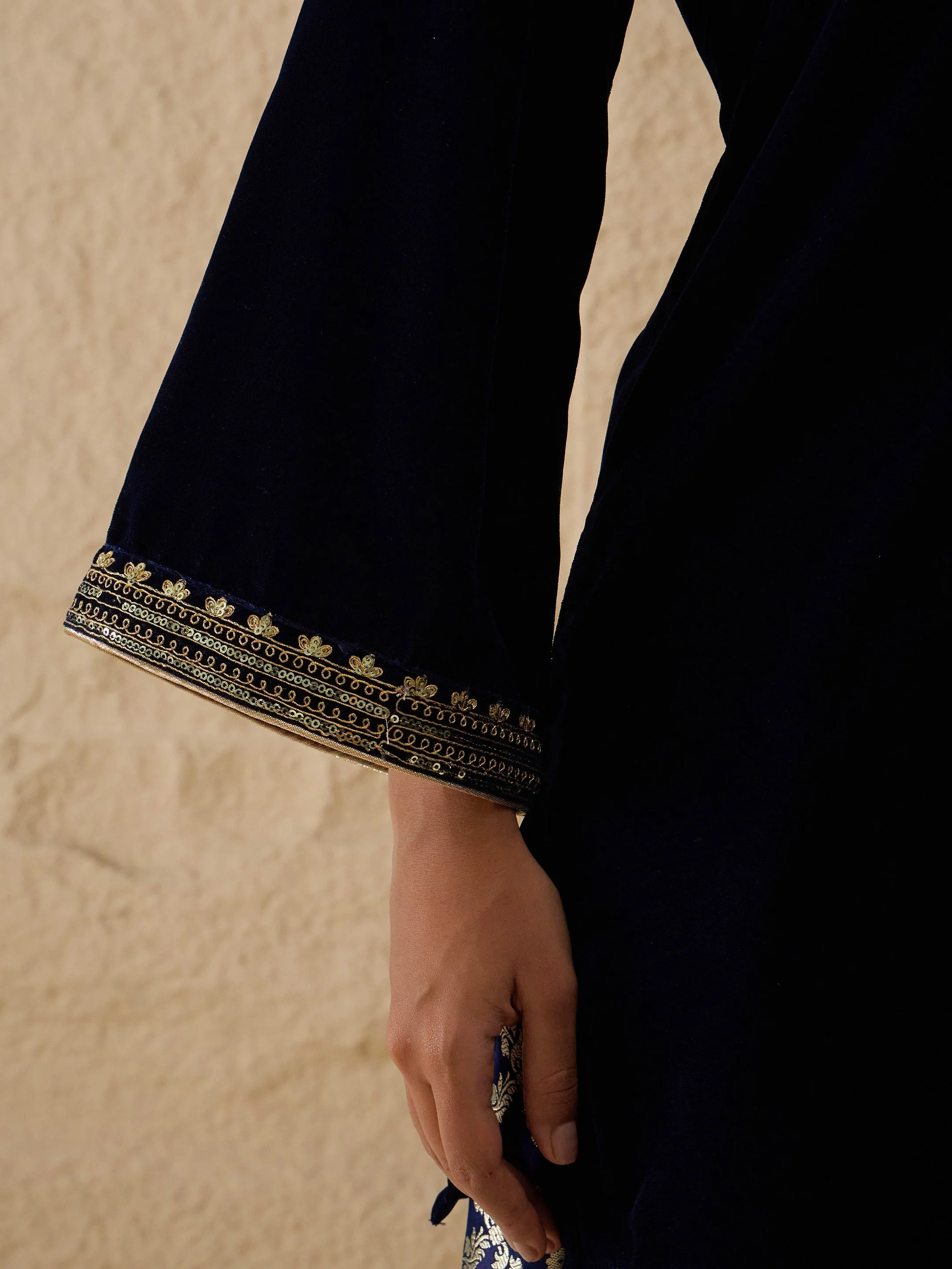 Women Navy Velvet Embroidered Short Kurta With Farshi Salwar - Image 3