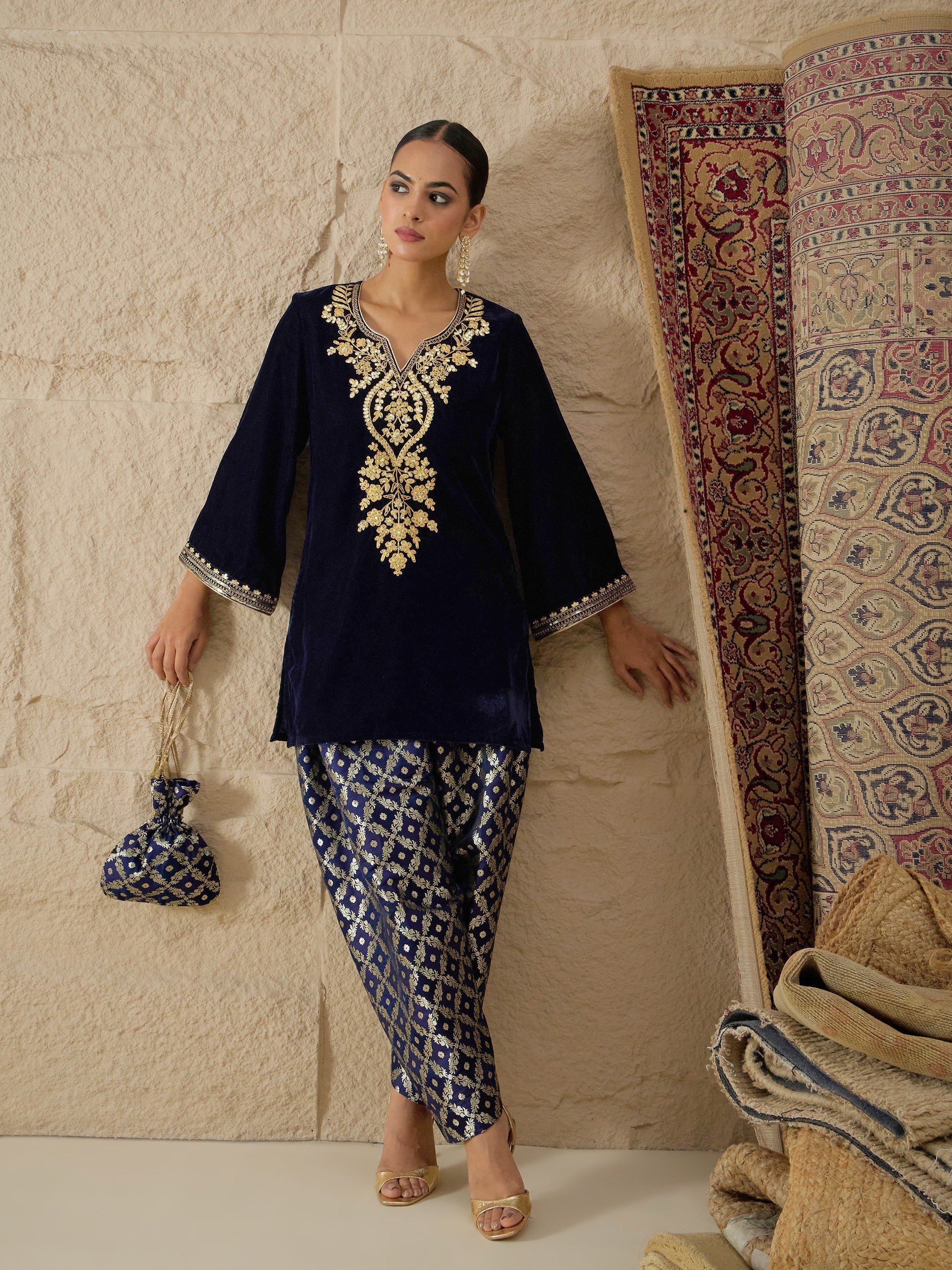 Women Navy Velvet Embroidered Short Kurta With Farshi Salwar - Image 5