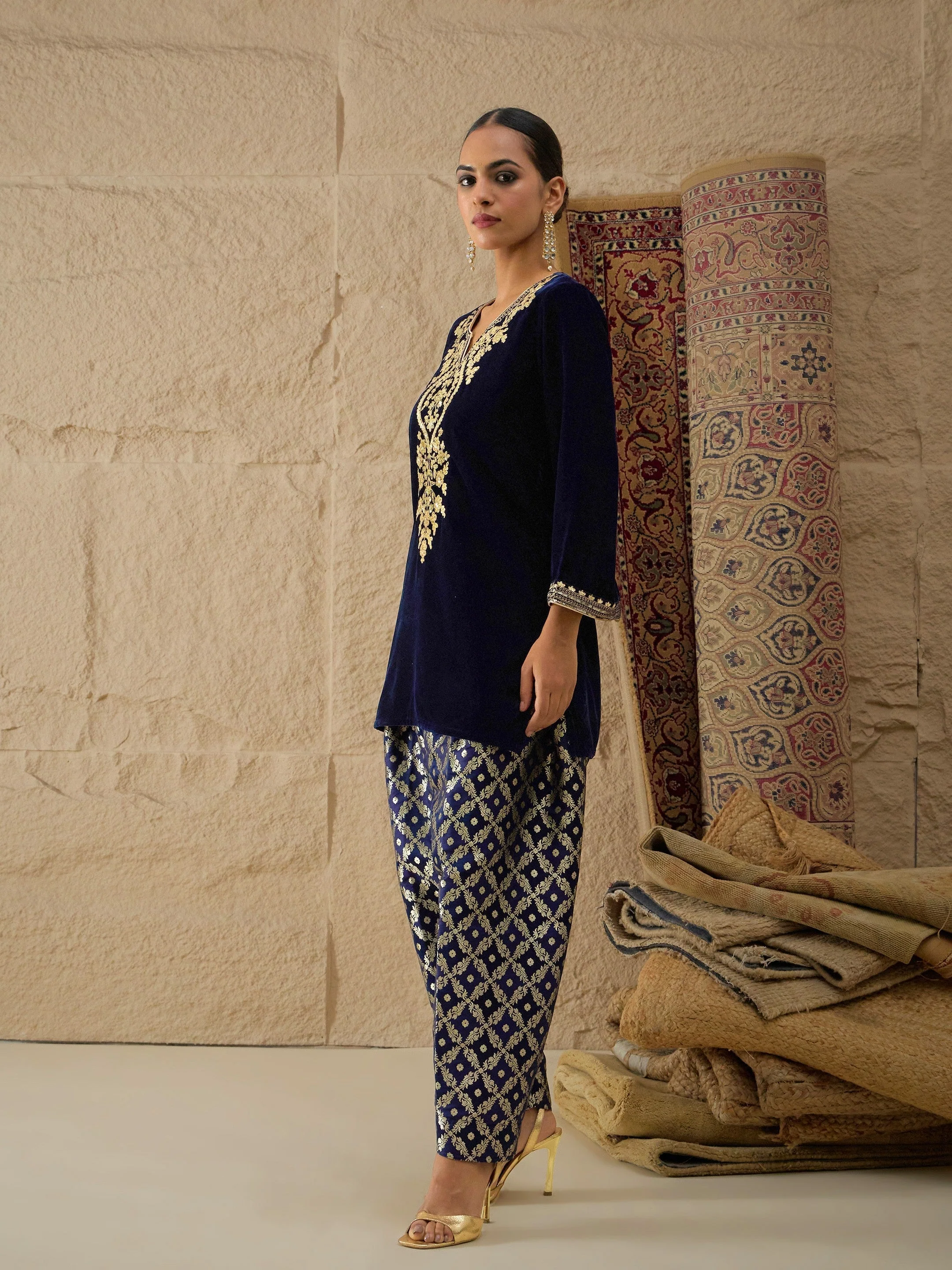 Women Navy Velvet Embroidered Short Kurta With Farshi Salwar - Image 6