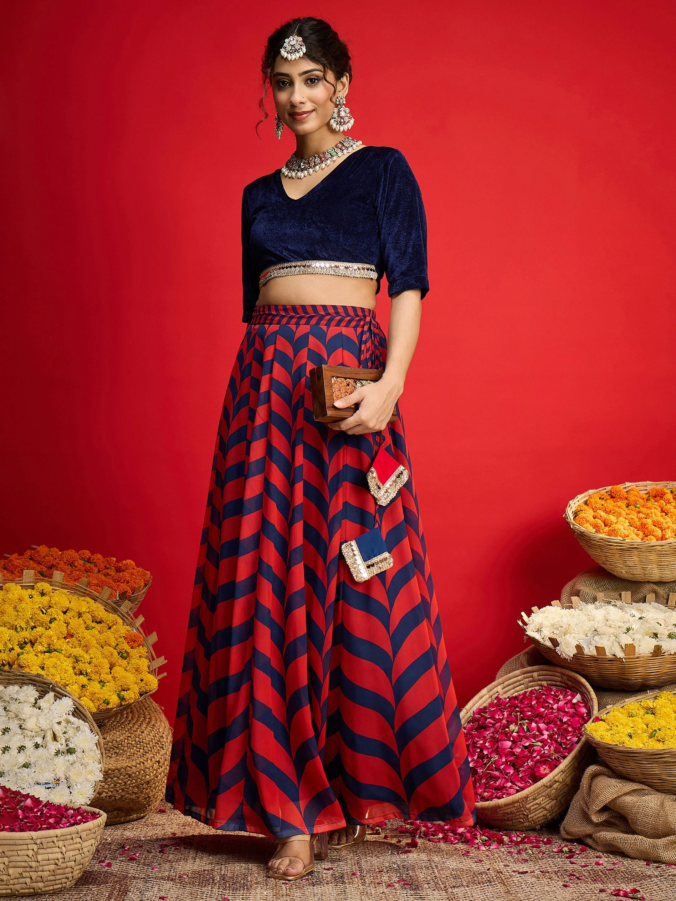 Women Navy Velvet Short Sleeves Crop Top With Anarkali Skirt - Image 2
