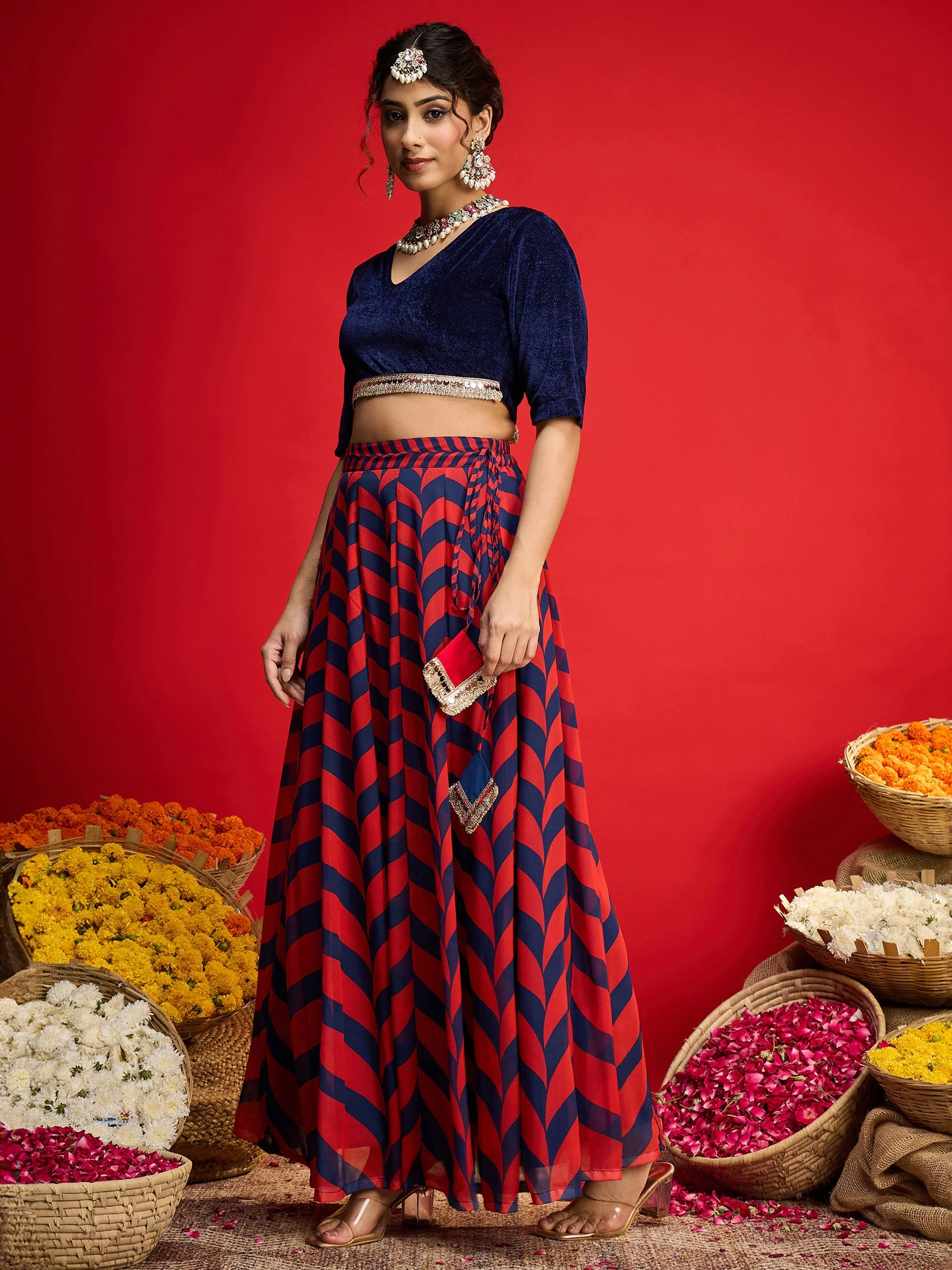 Women Navy Velvet Short Sleeves Crop Top With Anarkali Skirt - Image 3