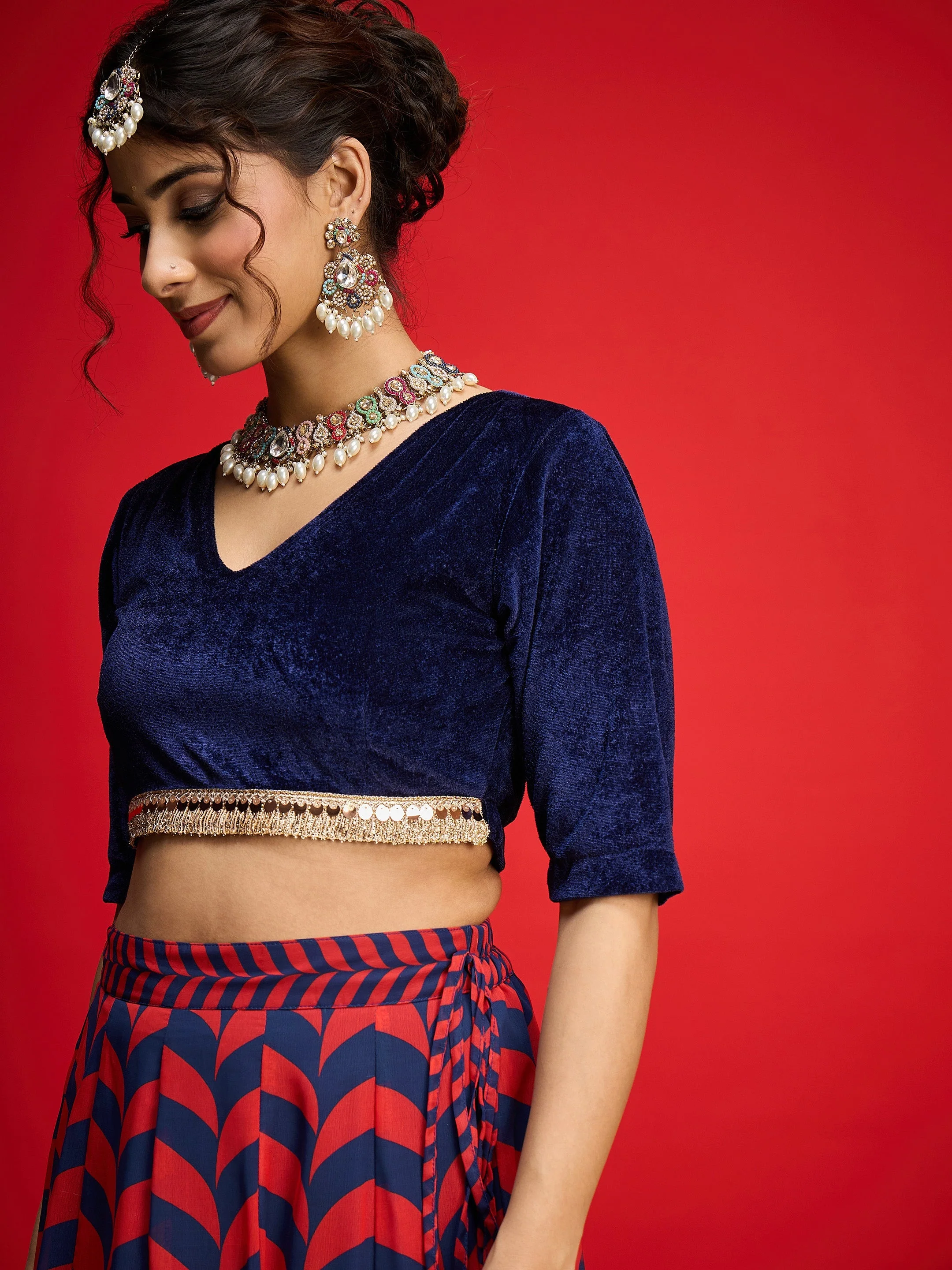 Women Navy Velvet Short Sleeves Crop Top With Anarkali Skirt - Image 4