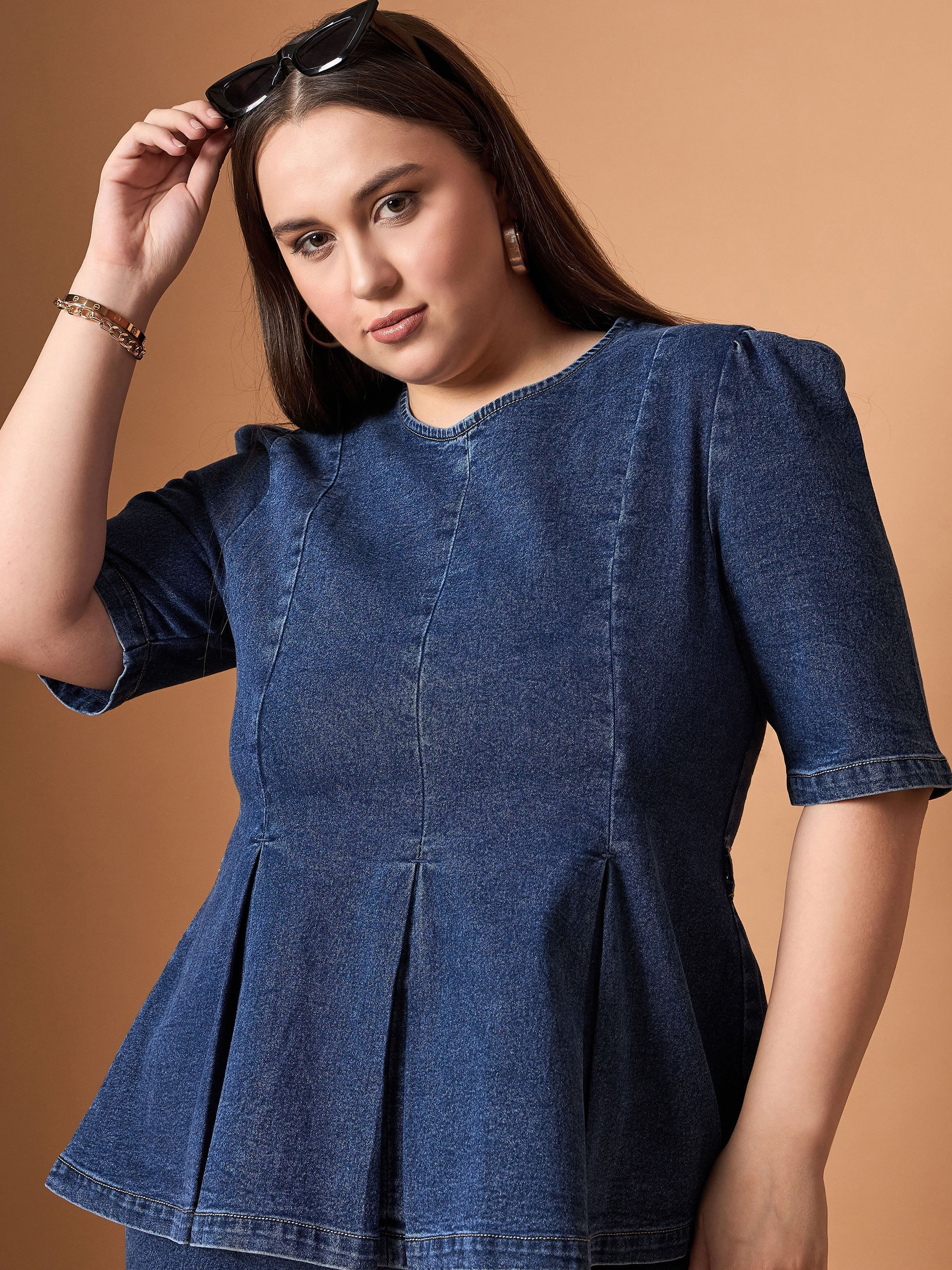 Women Navy Wash Denim Peplum Top With Straight Pants - Image 2