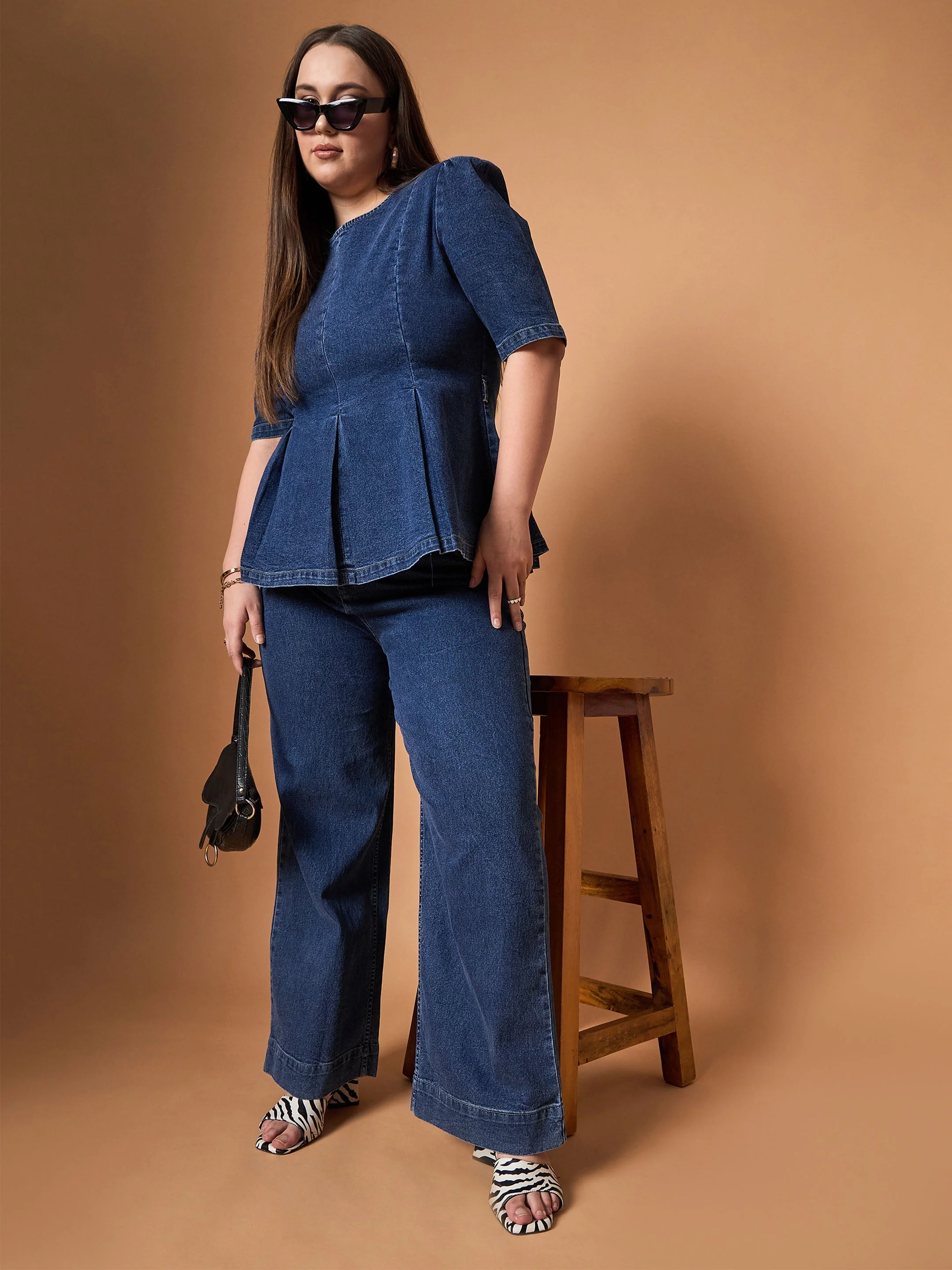 Women Navy Wash Denim Peplum Top With Straight Pants - Image 3