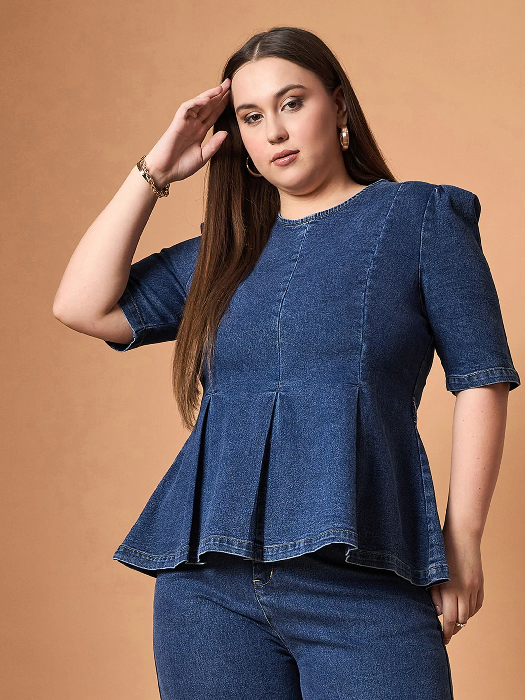 Women Navy Wash Denim Peplum Top With Straight Pants - Image 4