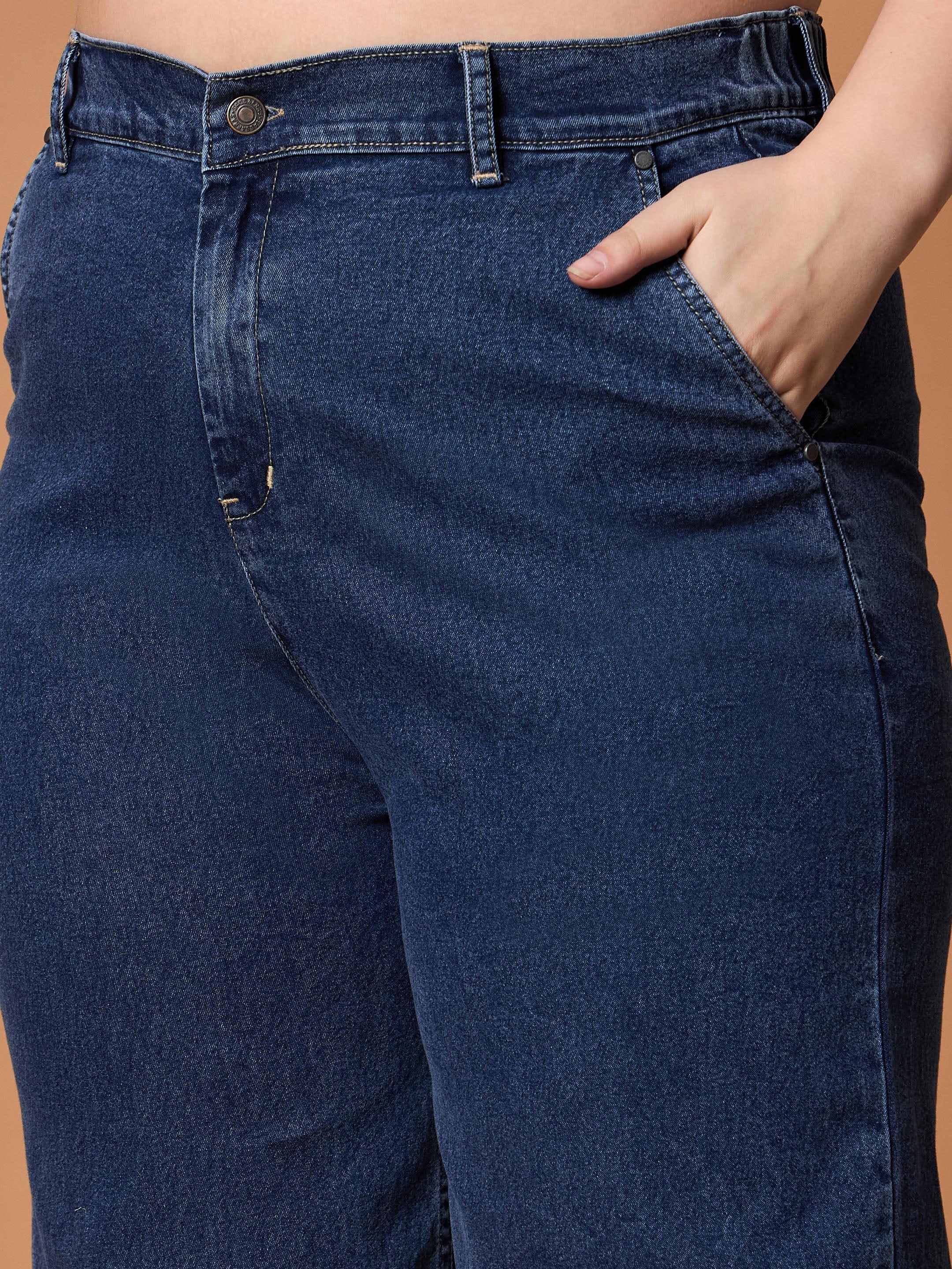 Women Navy Wash Denim Peplum Top With Straight Pants - Image 5
