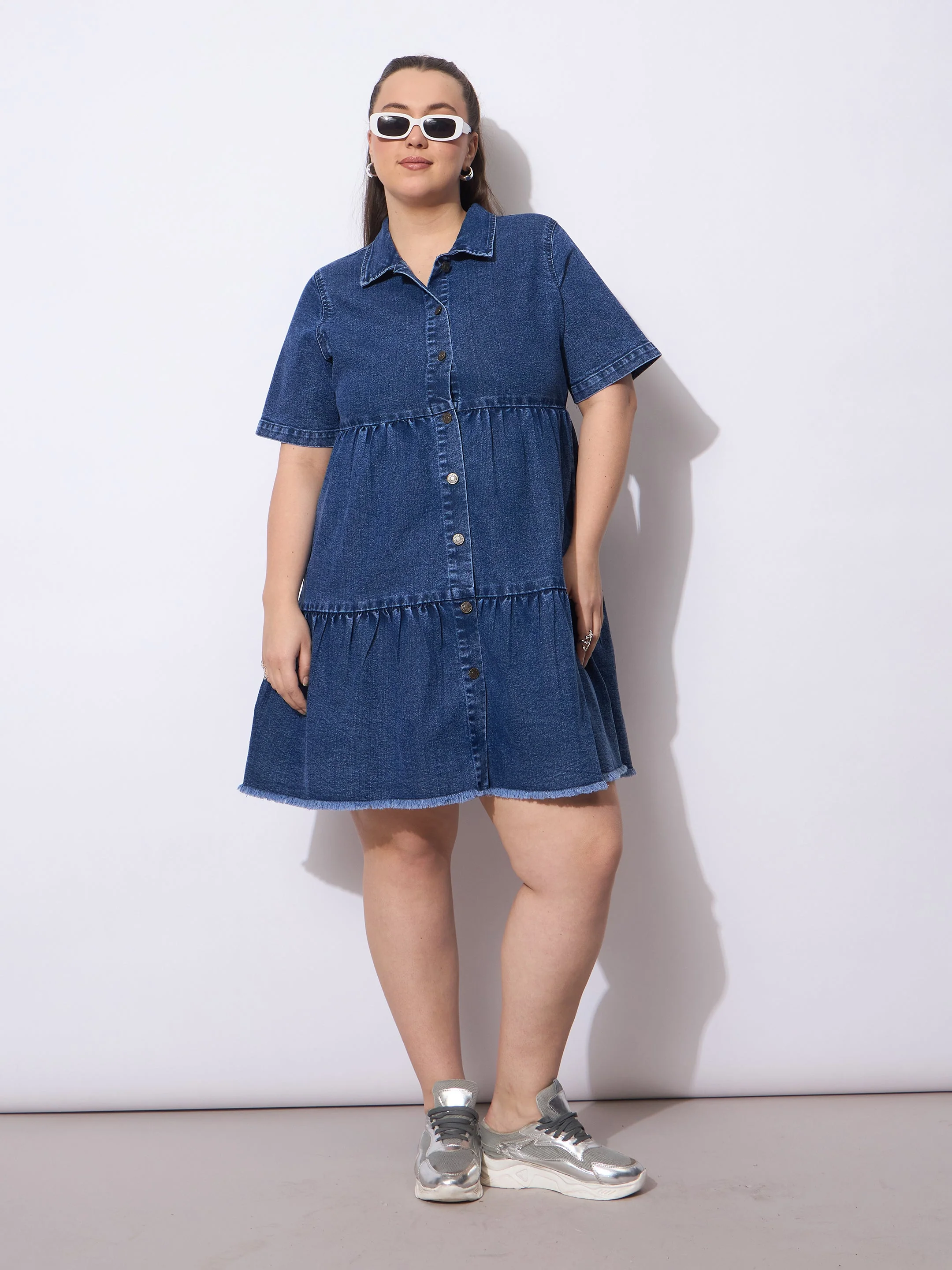 Women Navy Wash Denim Short Tiered Dress - Image 2