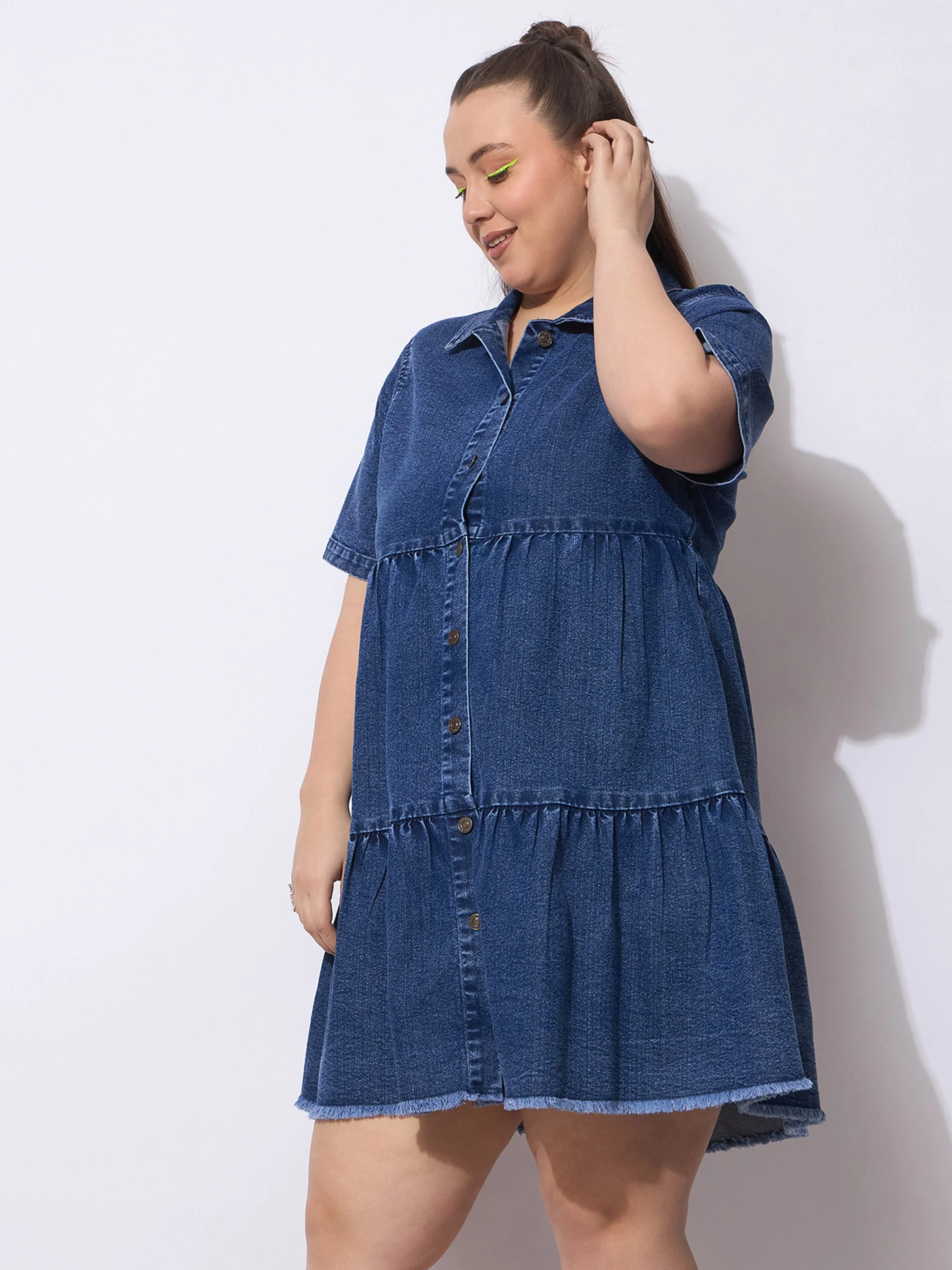 Women Navy Wash Denim Short Tiered Dress - Image 3