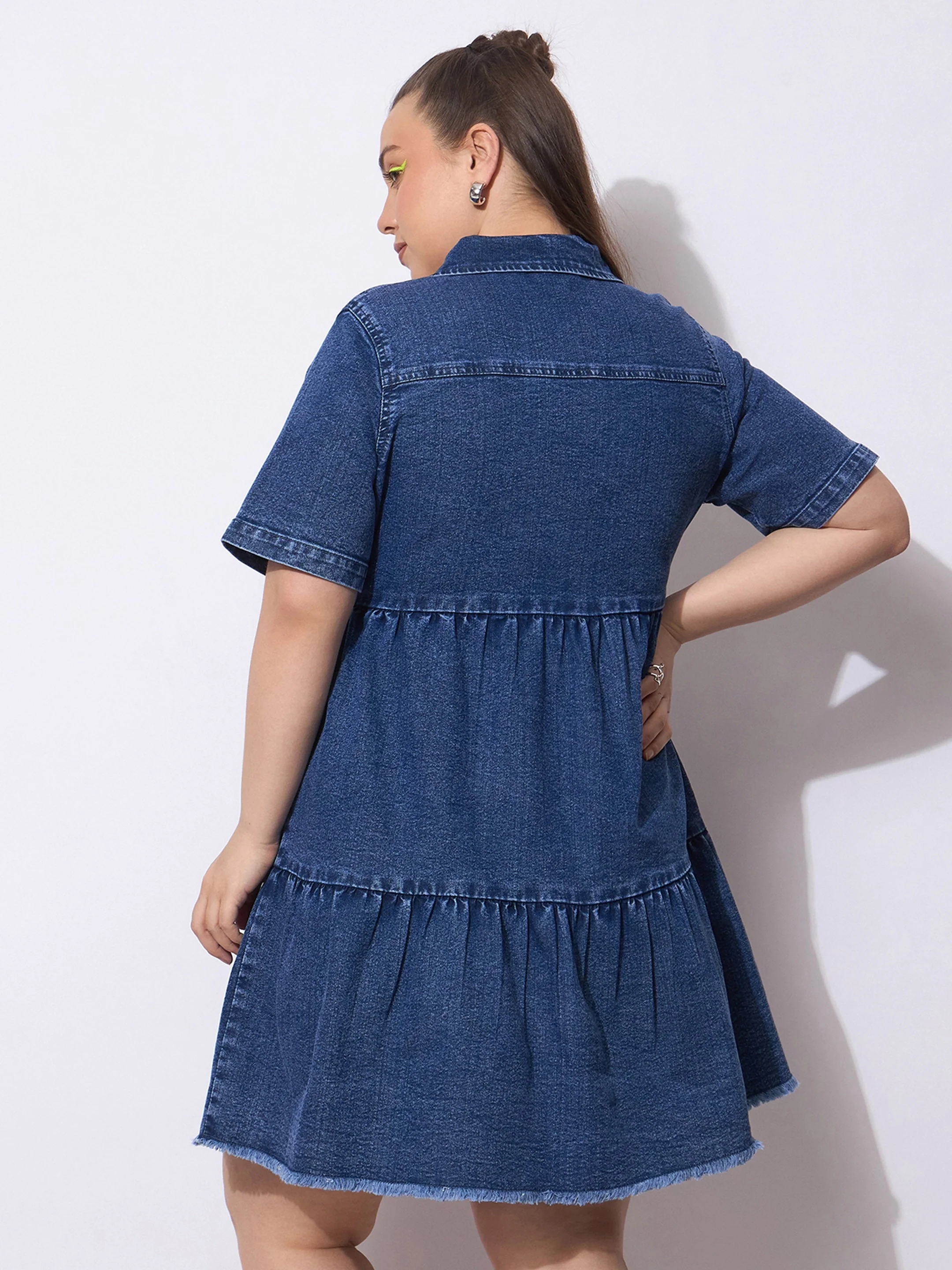 Women Navy Wash Denim Short Tiered Dress - Image 5