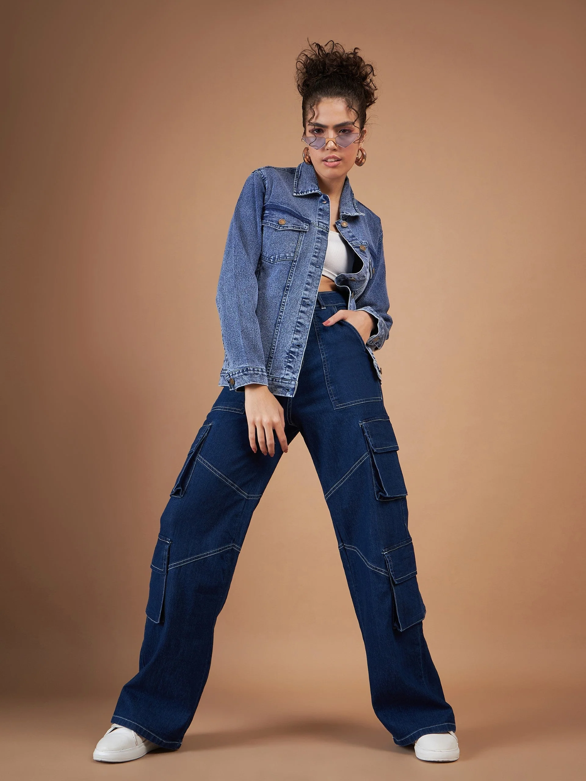 Women Navy Washed Denim Oversized Jacket - Image 2