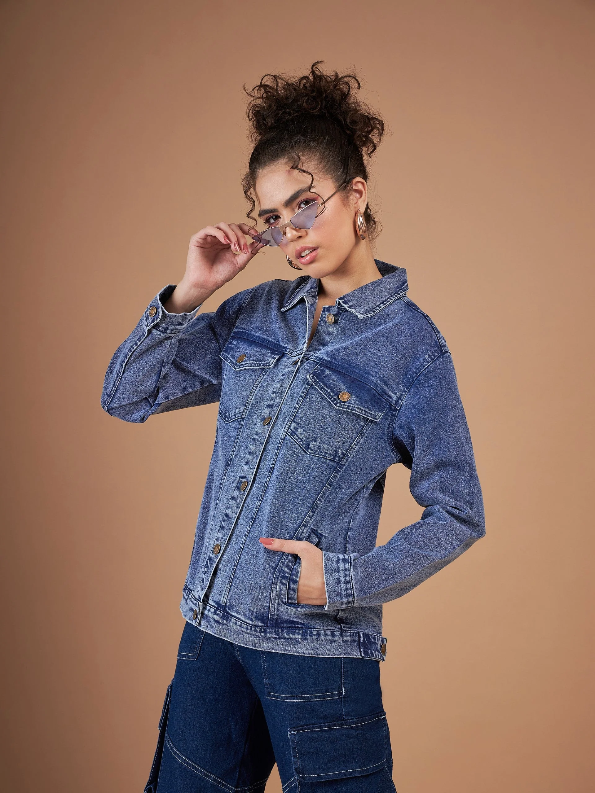 Women Navy Washed Denim Oversized Jacket - Image 3