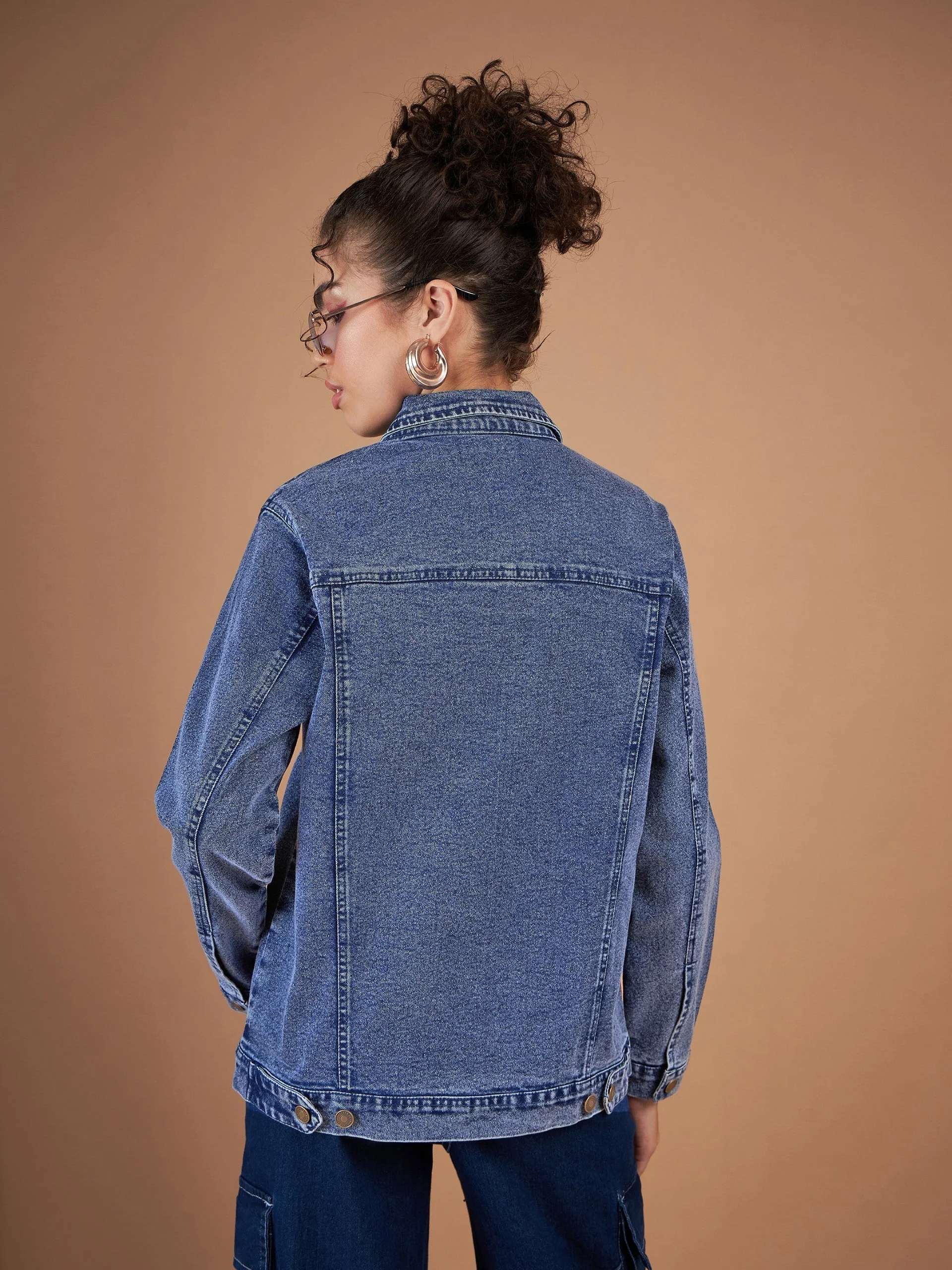 Women Navy Washed Denim Oversized Jacket - Image 5