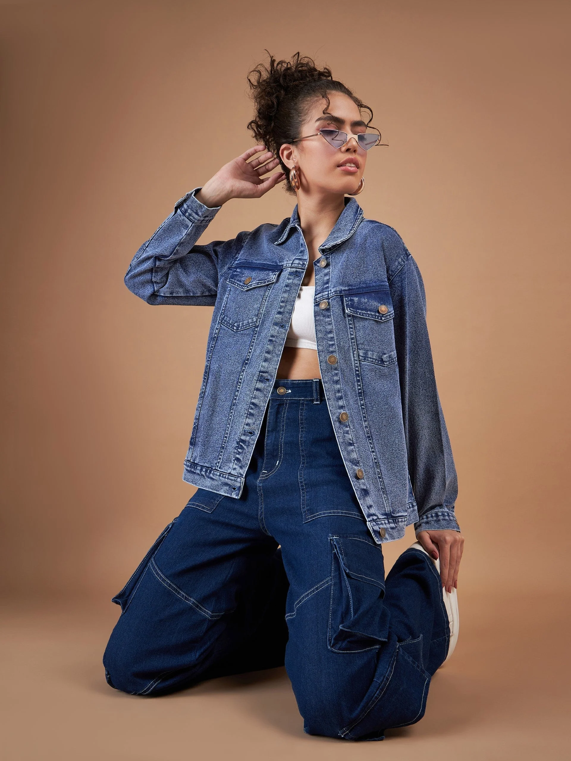 Women Navy Washed Denim Oversized Jacket - Image 6
