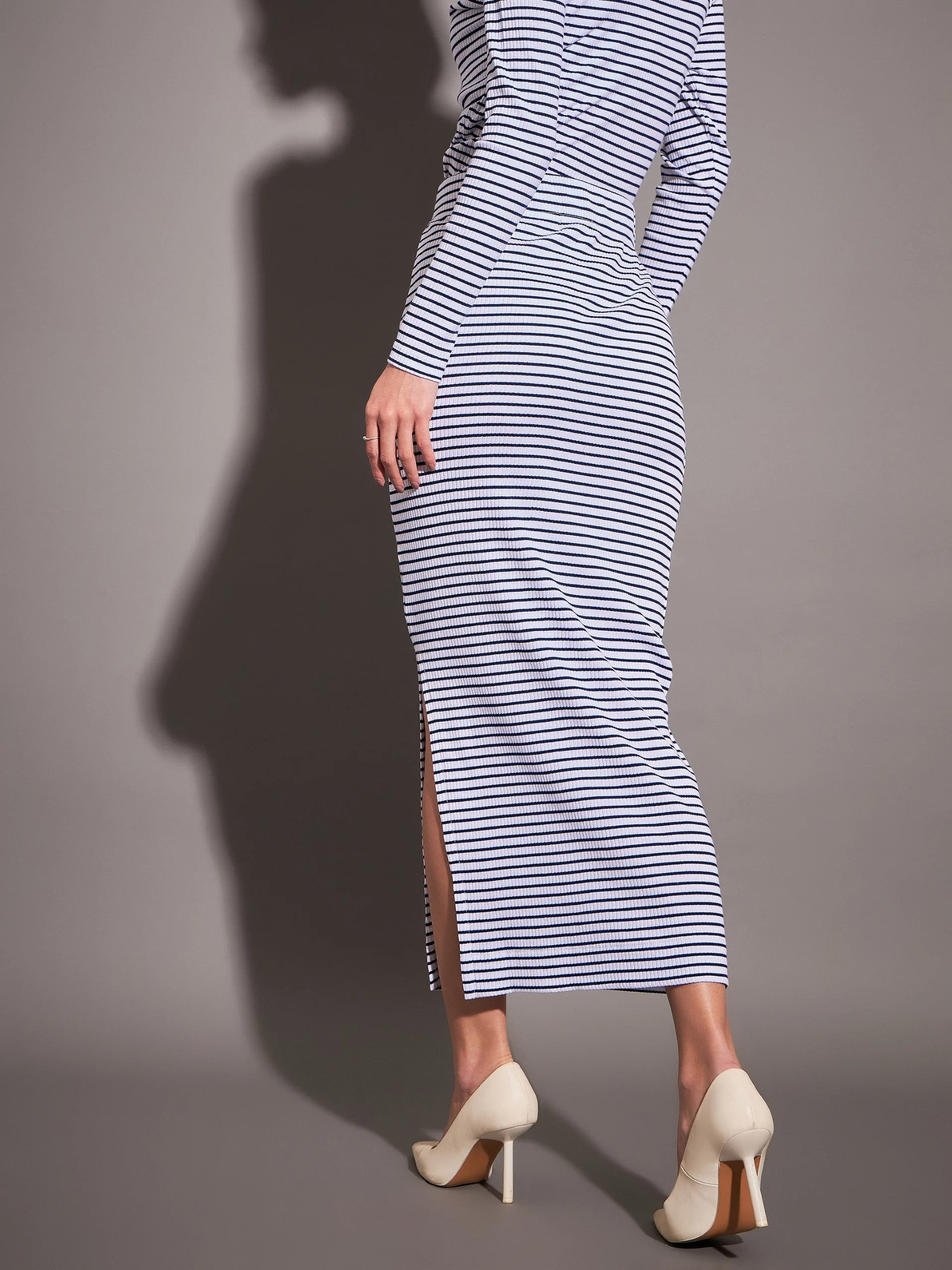 Women Navy & White Striped Rib Pencil Skirt - Image 5
