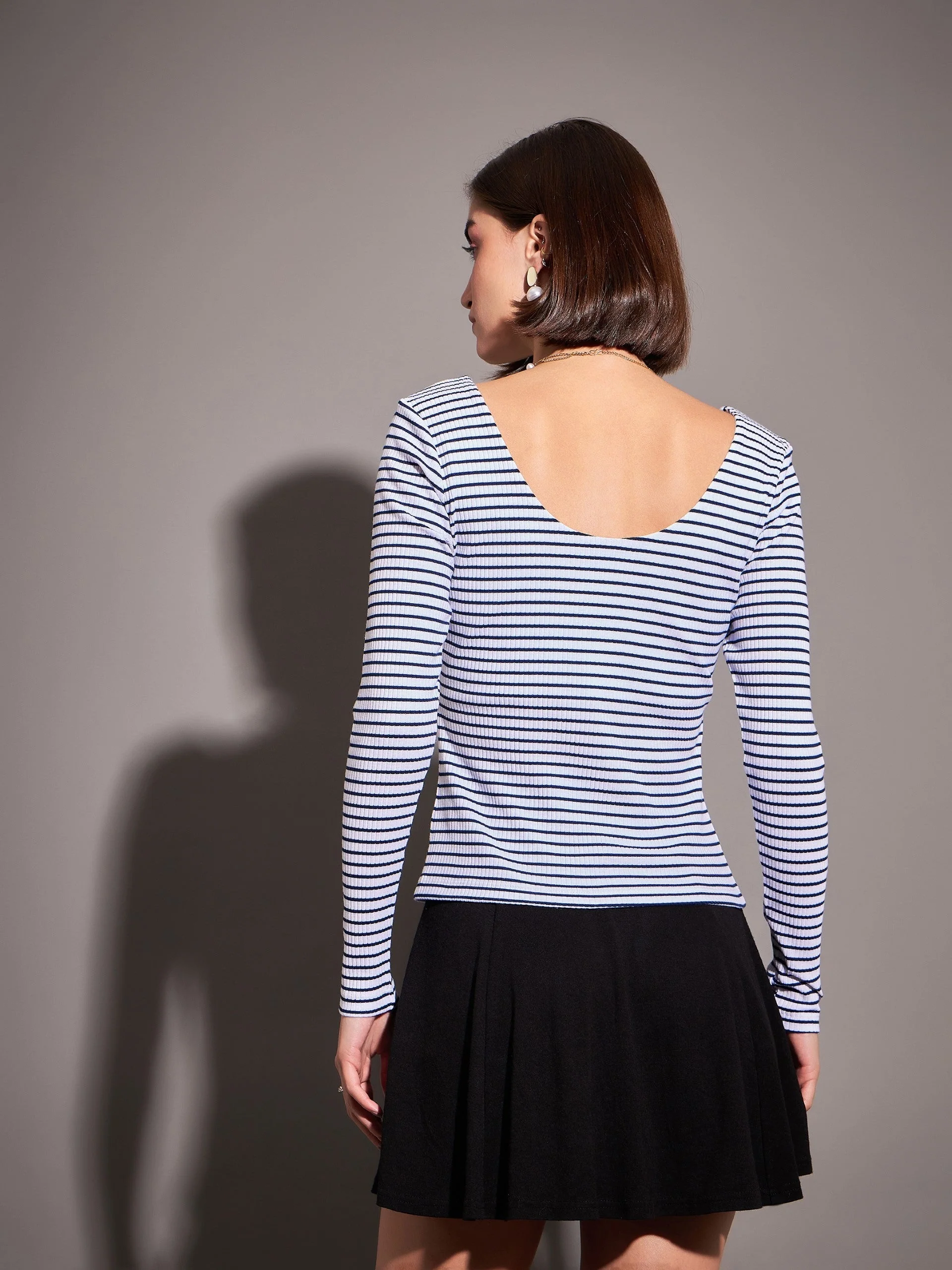 Women Navy & White Striped Rib  Top - Image 2