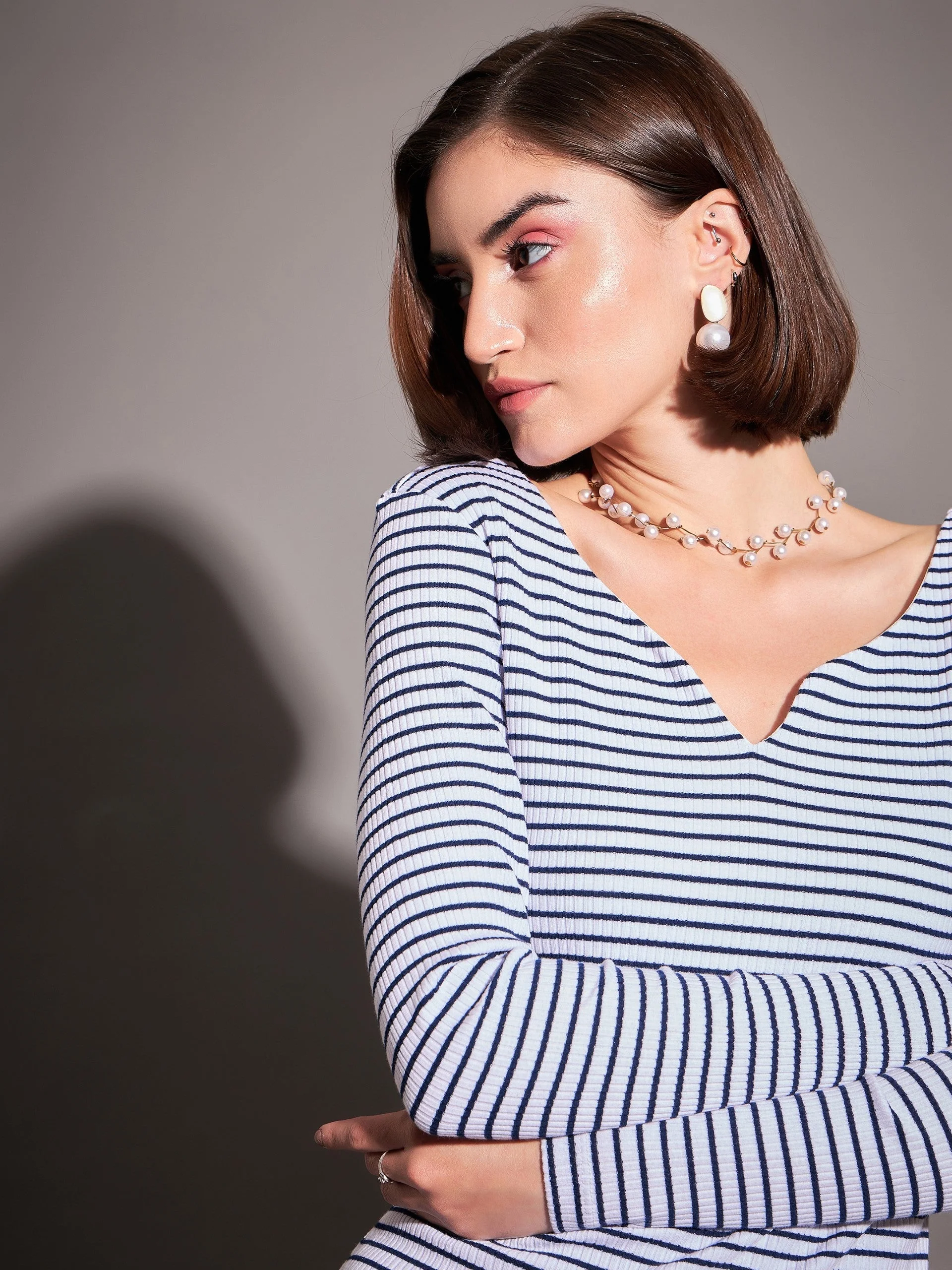 Women Navy & White Striped Rib  Top - Image 3