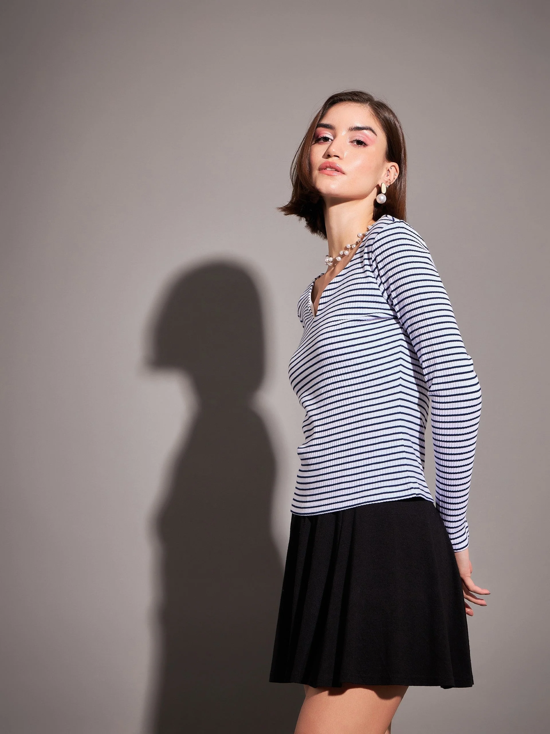 Women Navy & White Striped Rib  Top - Image 4