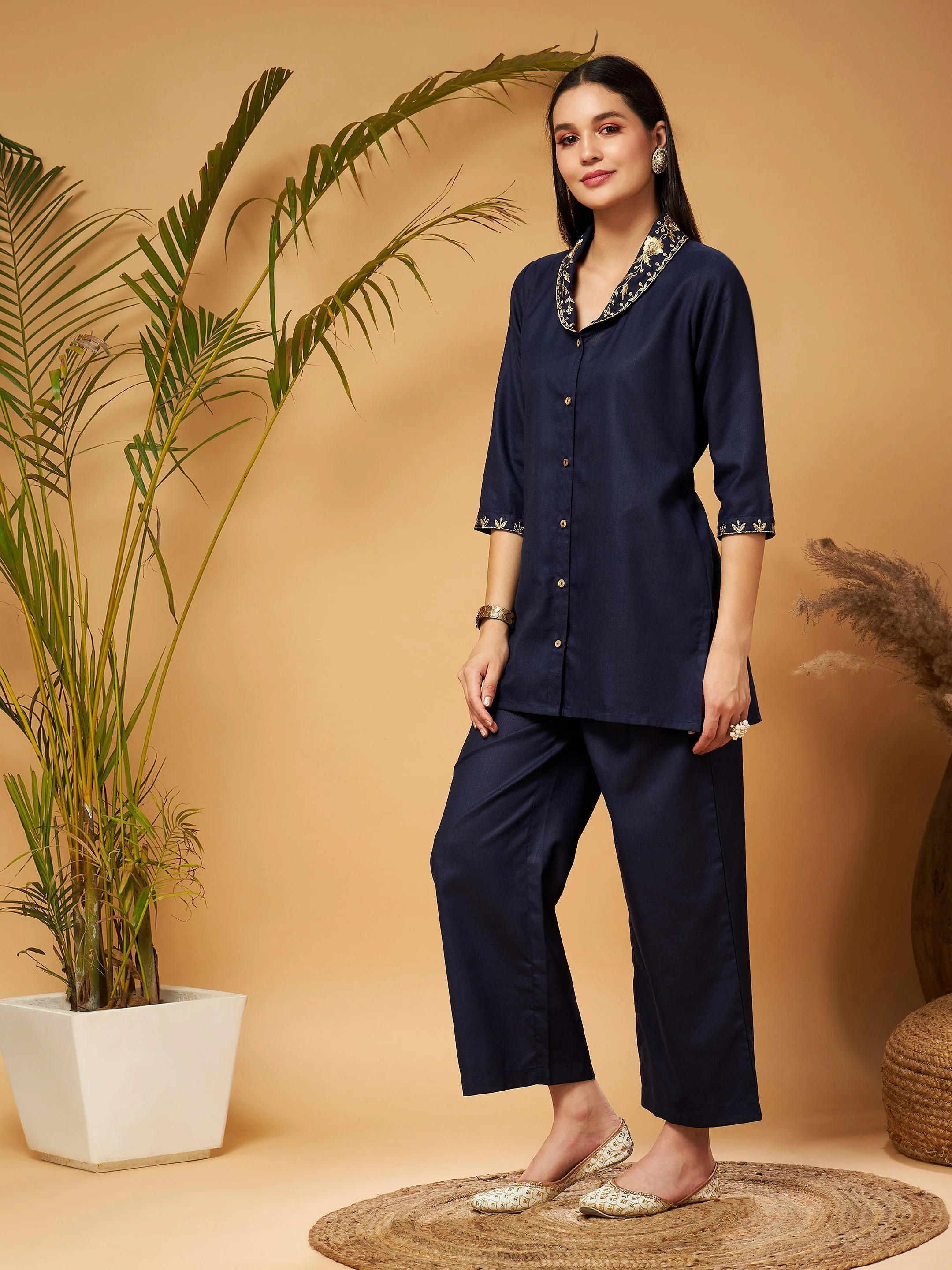 Women Navy Zari Embroidered Shawl Collar Top With Palazzos - Image 3