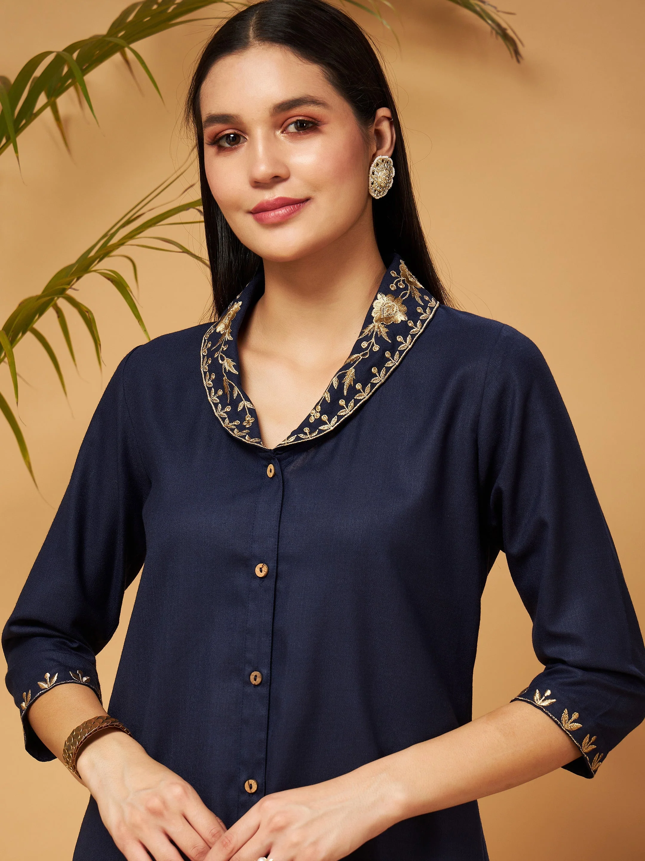 Women Navy Zari Embroidered Shawl Collar Top With Palazzos - Image 4