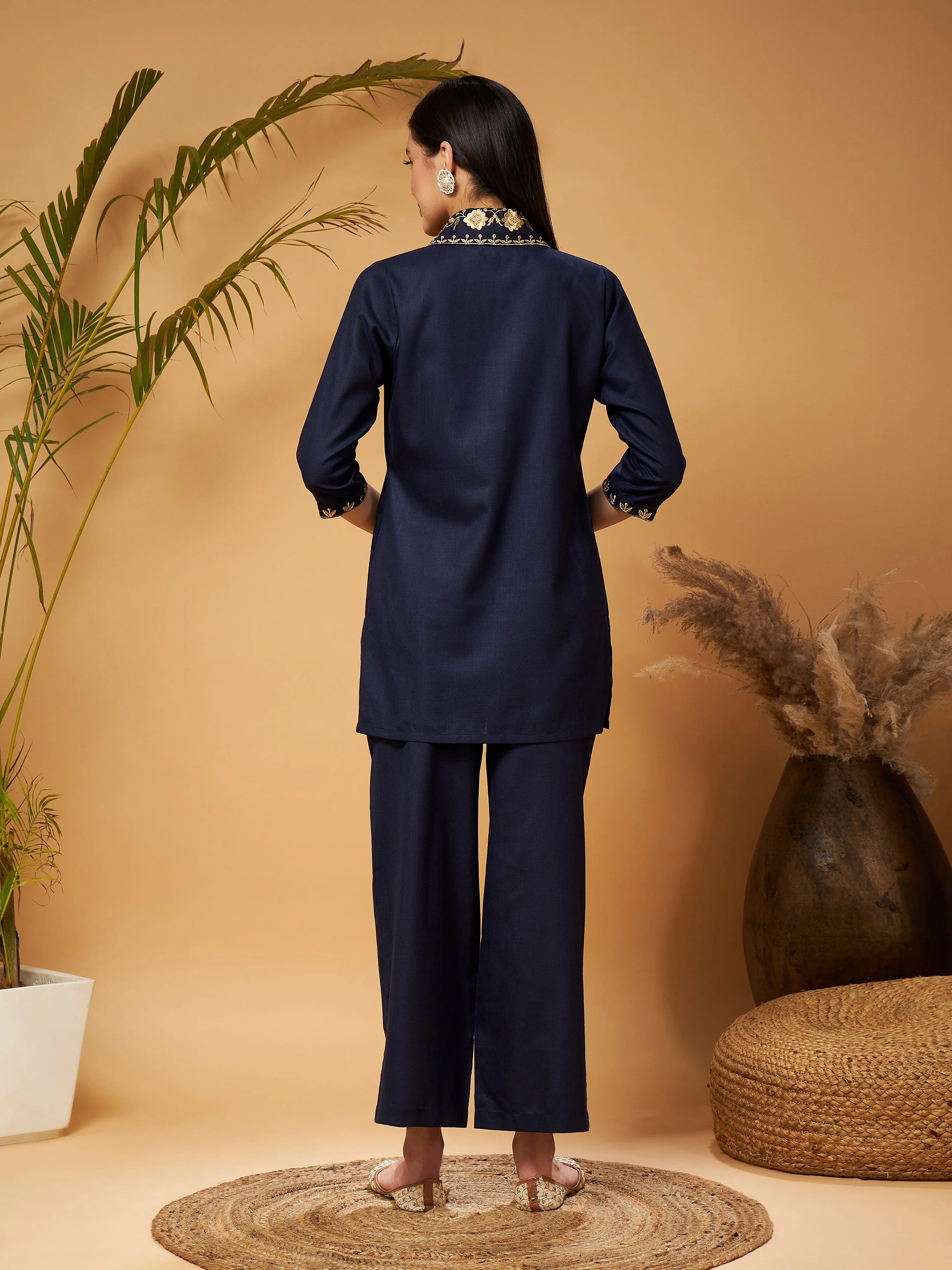 Women Navy Zari Embroidered Shawl Collar Top With Palazzos - Image 6