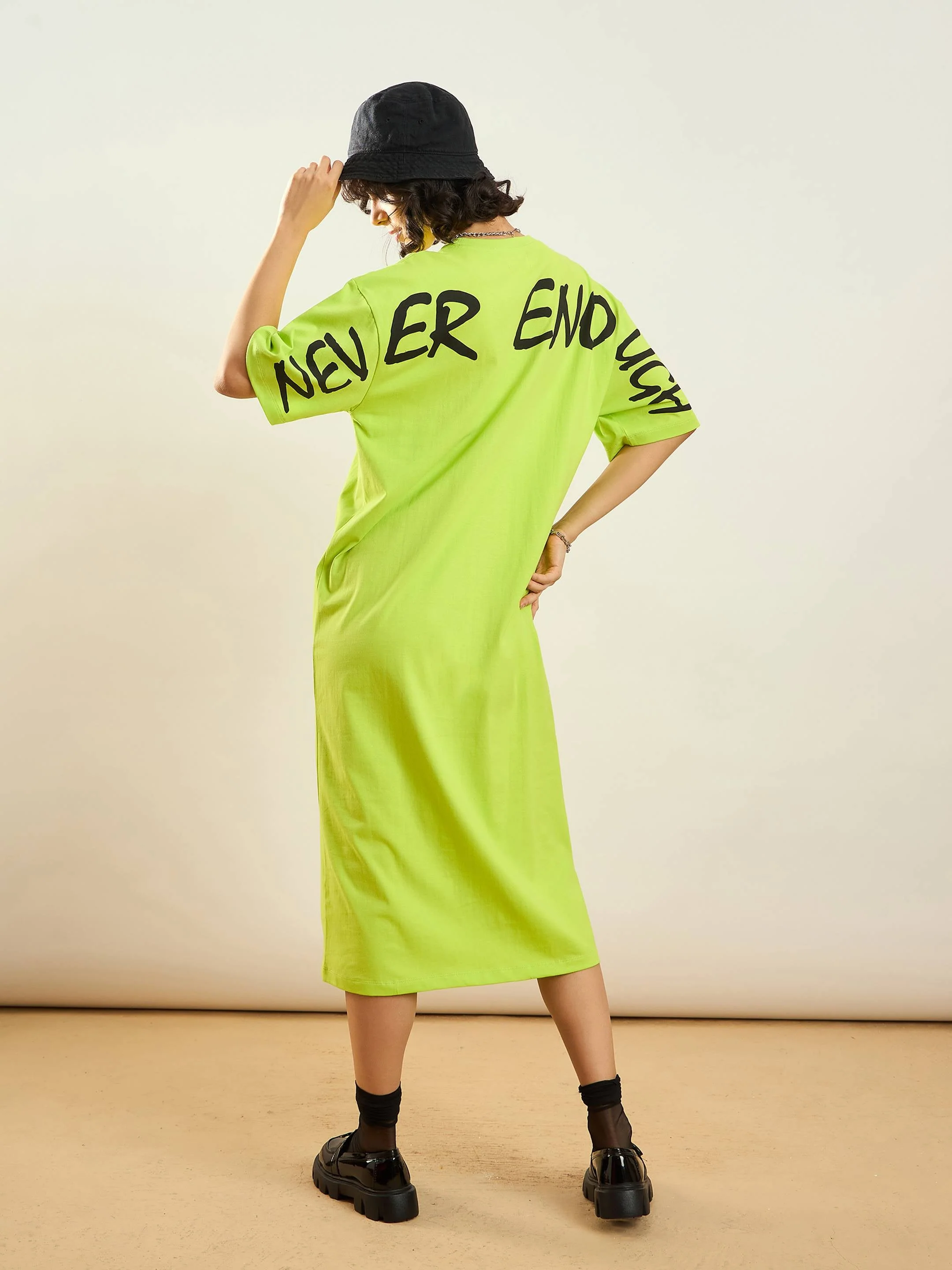 Women Neon Green NEVER ENOUGH Printed T-Shirt Dress - Image 2