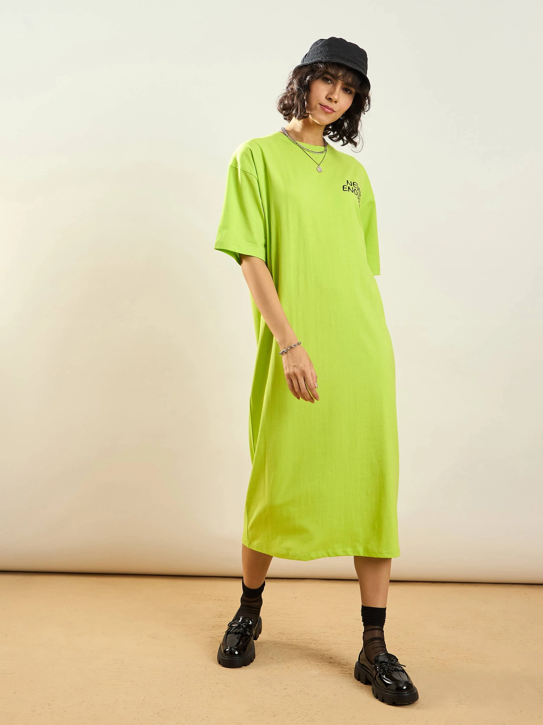 Women Neon Green NEVER ENOUGH Printed T-Shirt Dress - Image 3