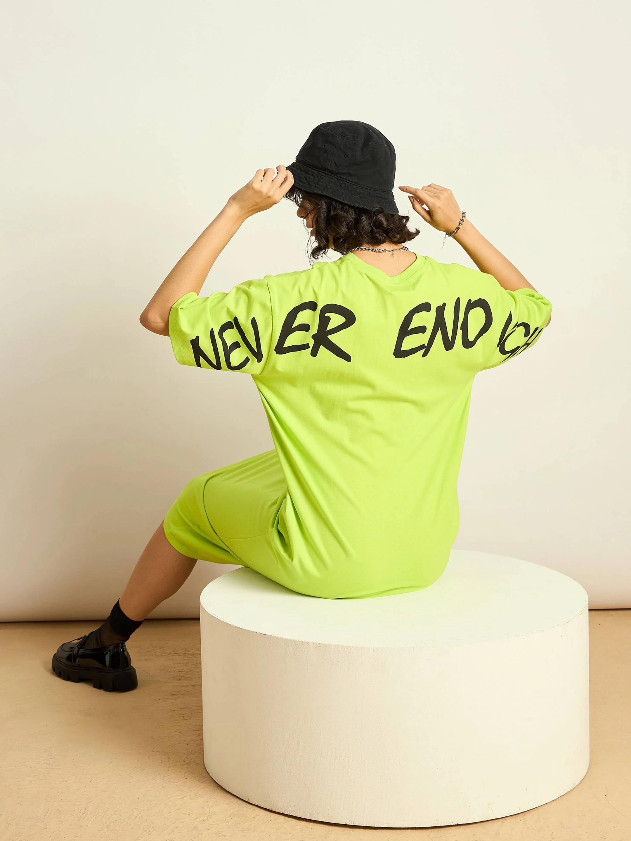 Women Neon Green NEVER ENOUGH Printed T-Shirt Dress - Image 4