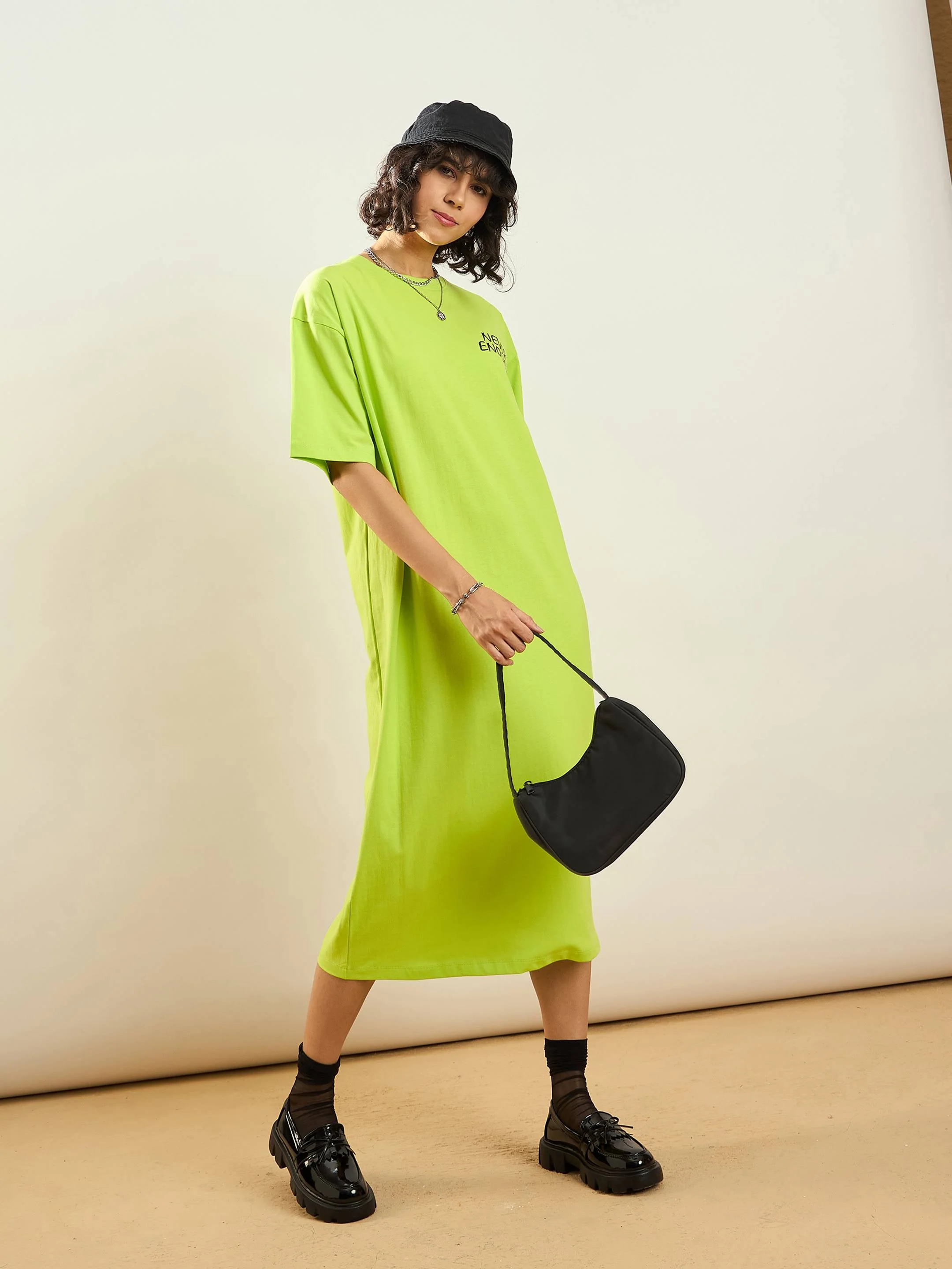 Women Neon Green NEVER ENOUGH Printed T-Shirt Dress - Image 5