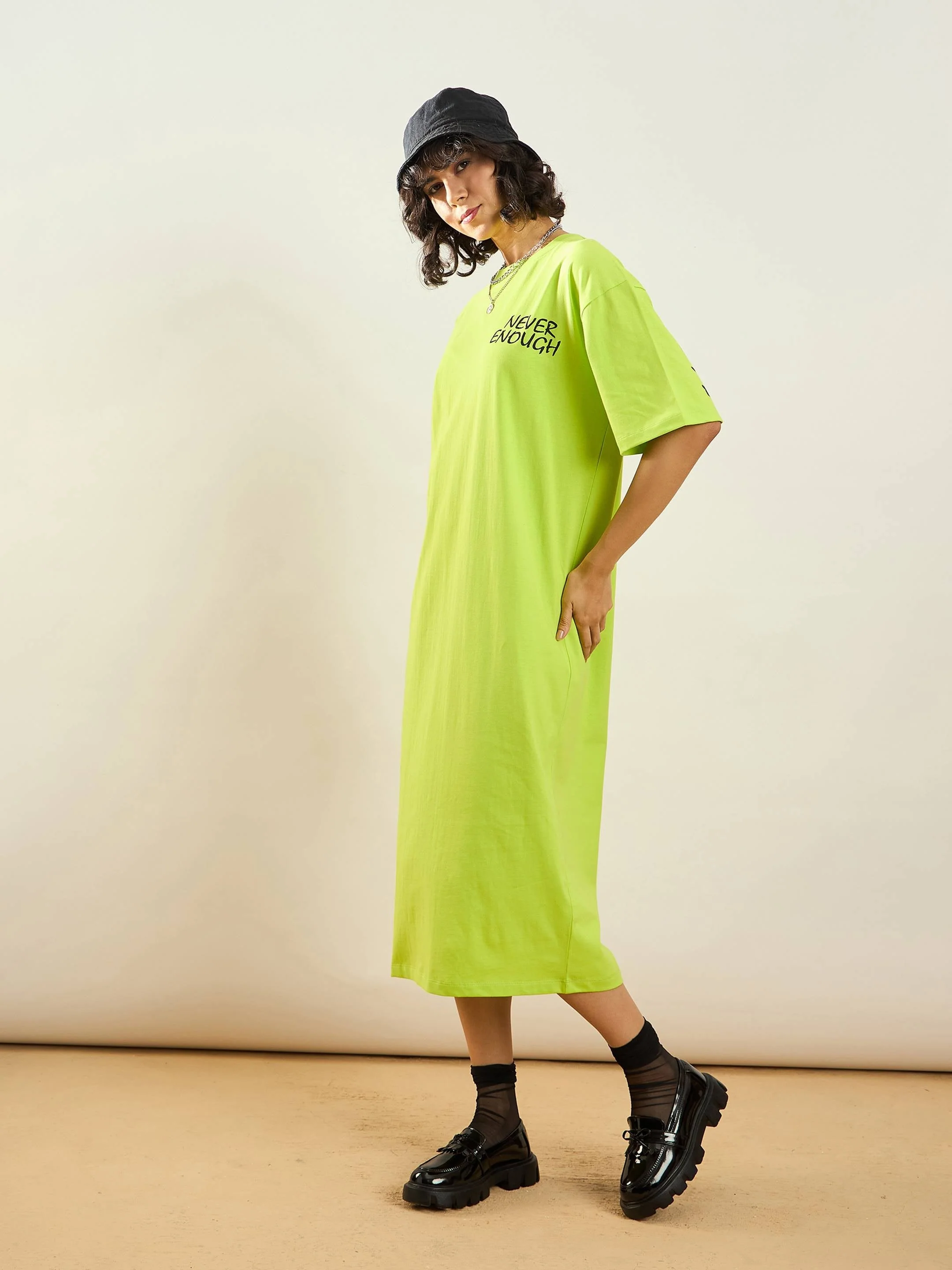 Women Neon Green NEVER ENOUGH Printed T-Shirt Dress - Image 6
