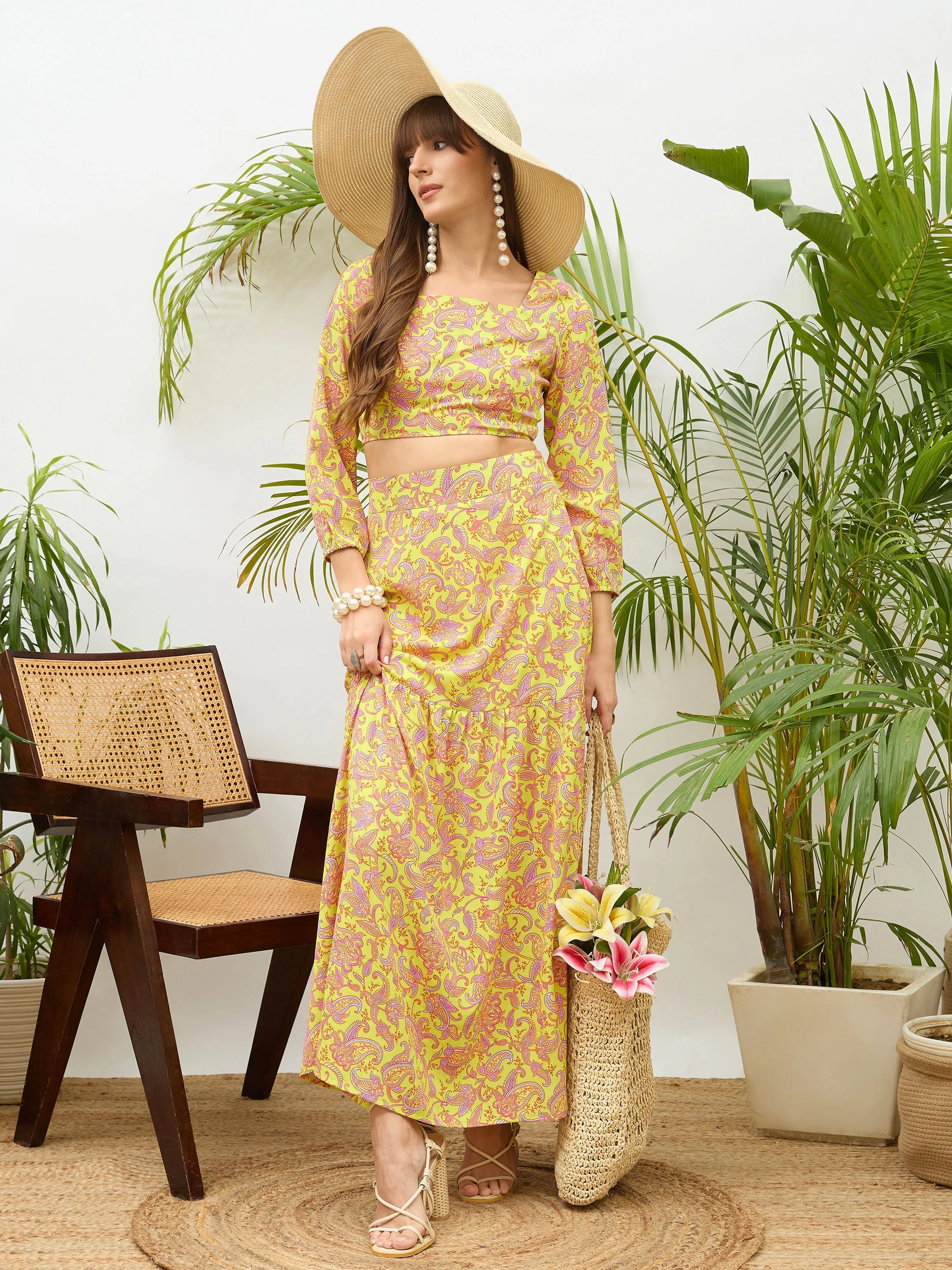 Women Neon Green Paisley Crop Top With Midi Skirt - Image 2