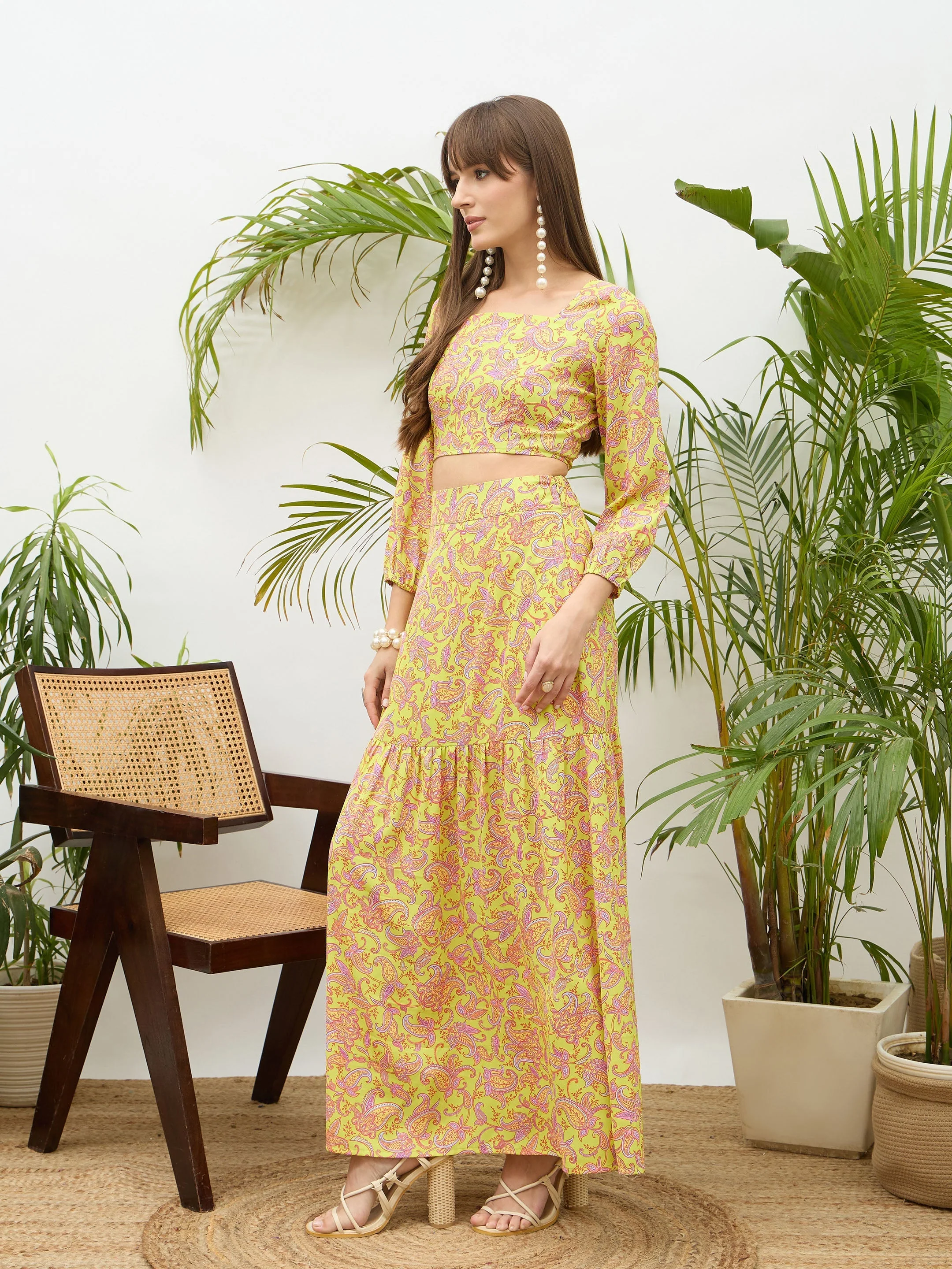 Women Neon Green Paisley Crop Top With Midi Skirt - Image 3