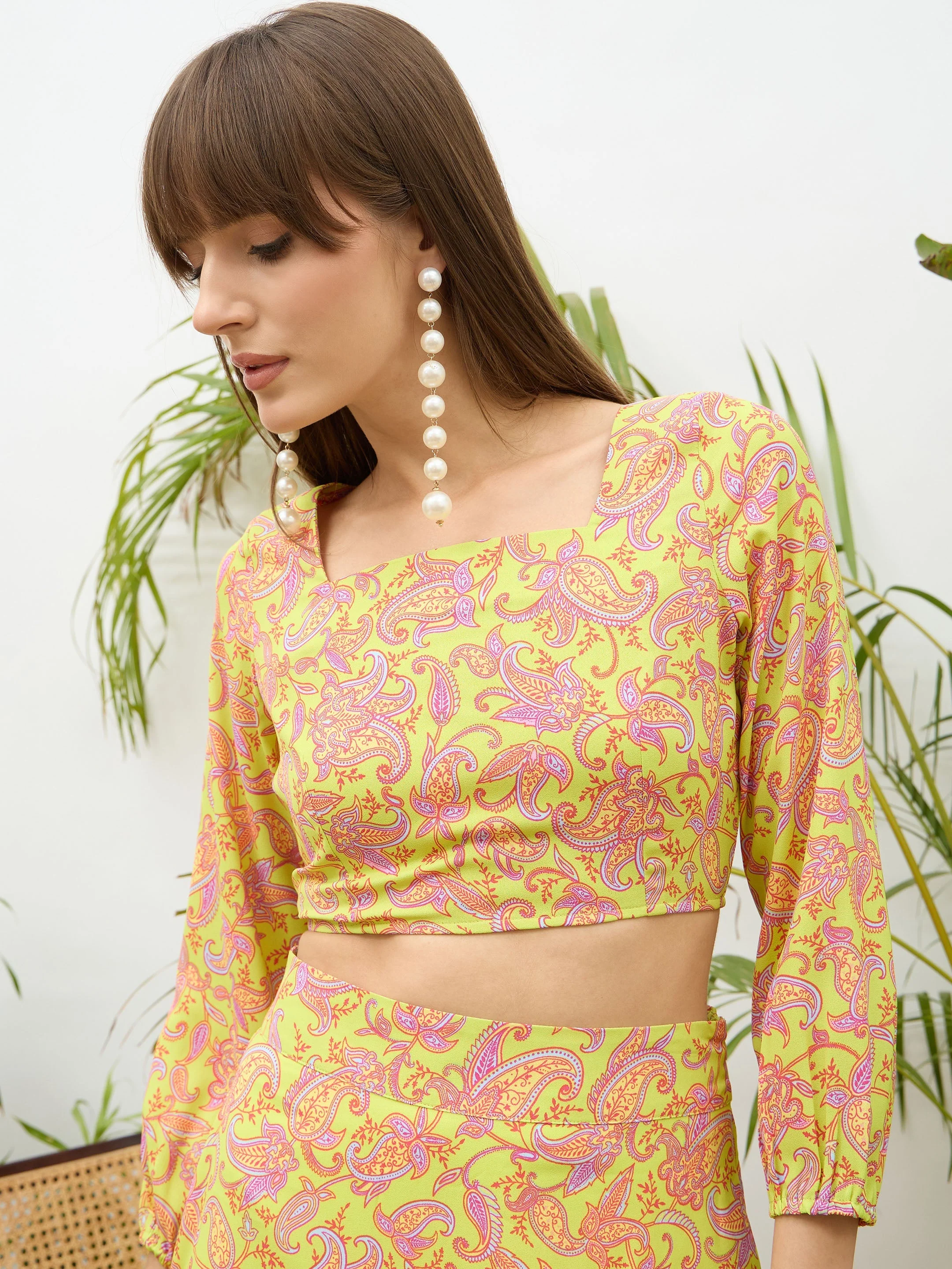 Women Neon Green Paisley Crop Top With Midi Skirt - Image 4