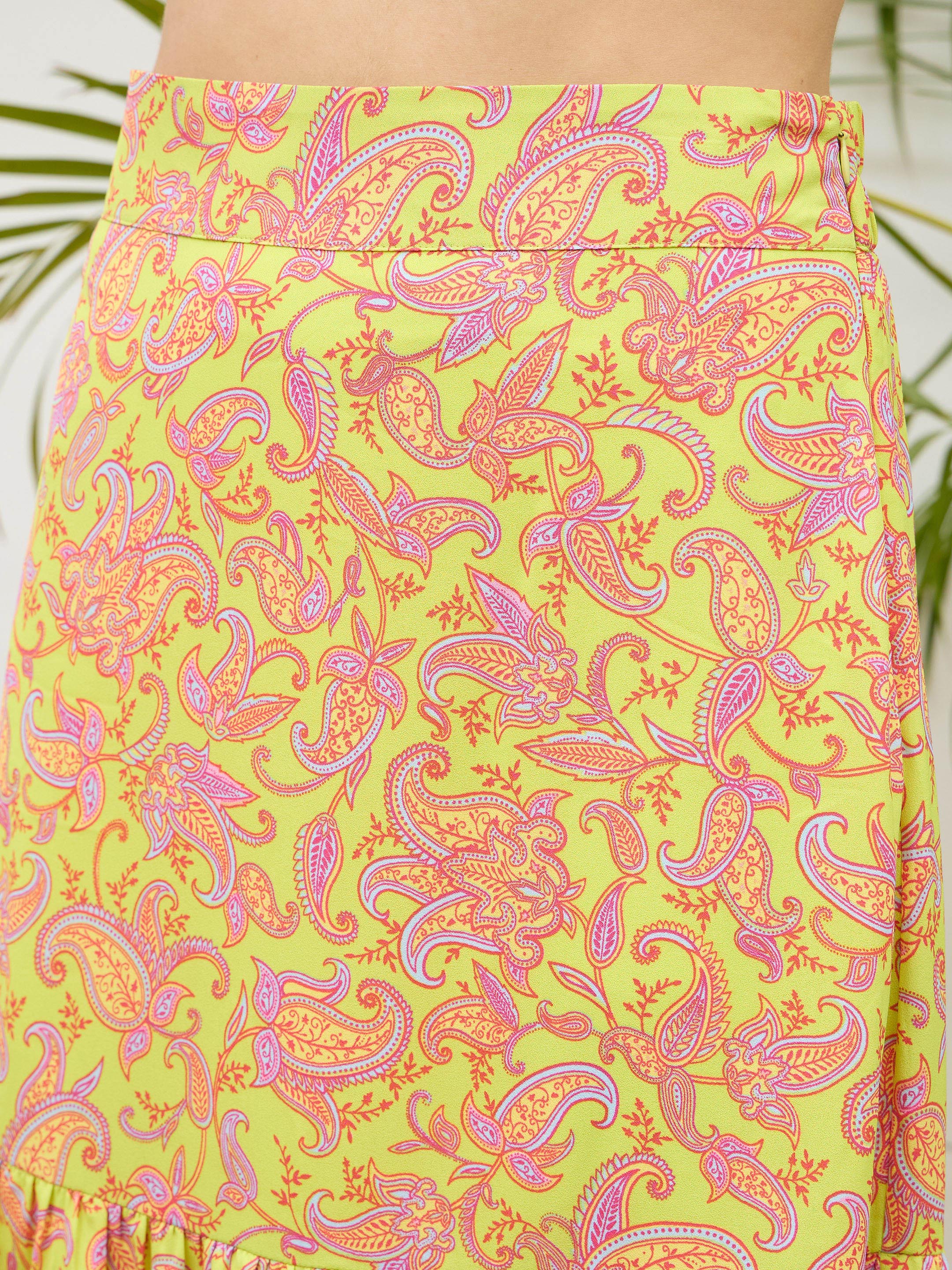 Women Neon Green Paisley Crop Top With Midi Skirt - Image 5