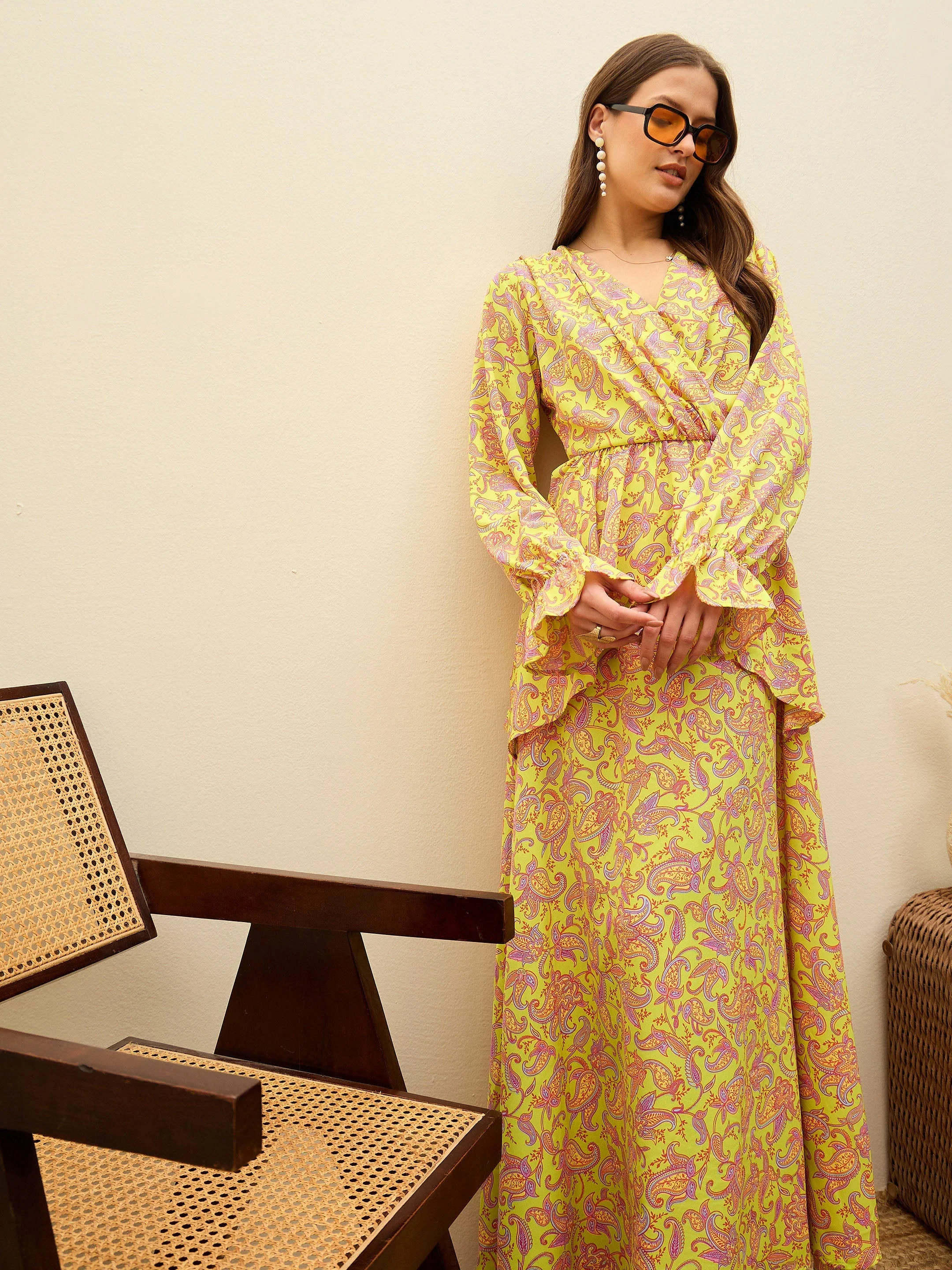 Women Neon Green Paisley Peplum Maxi Dress - Image 2