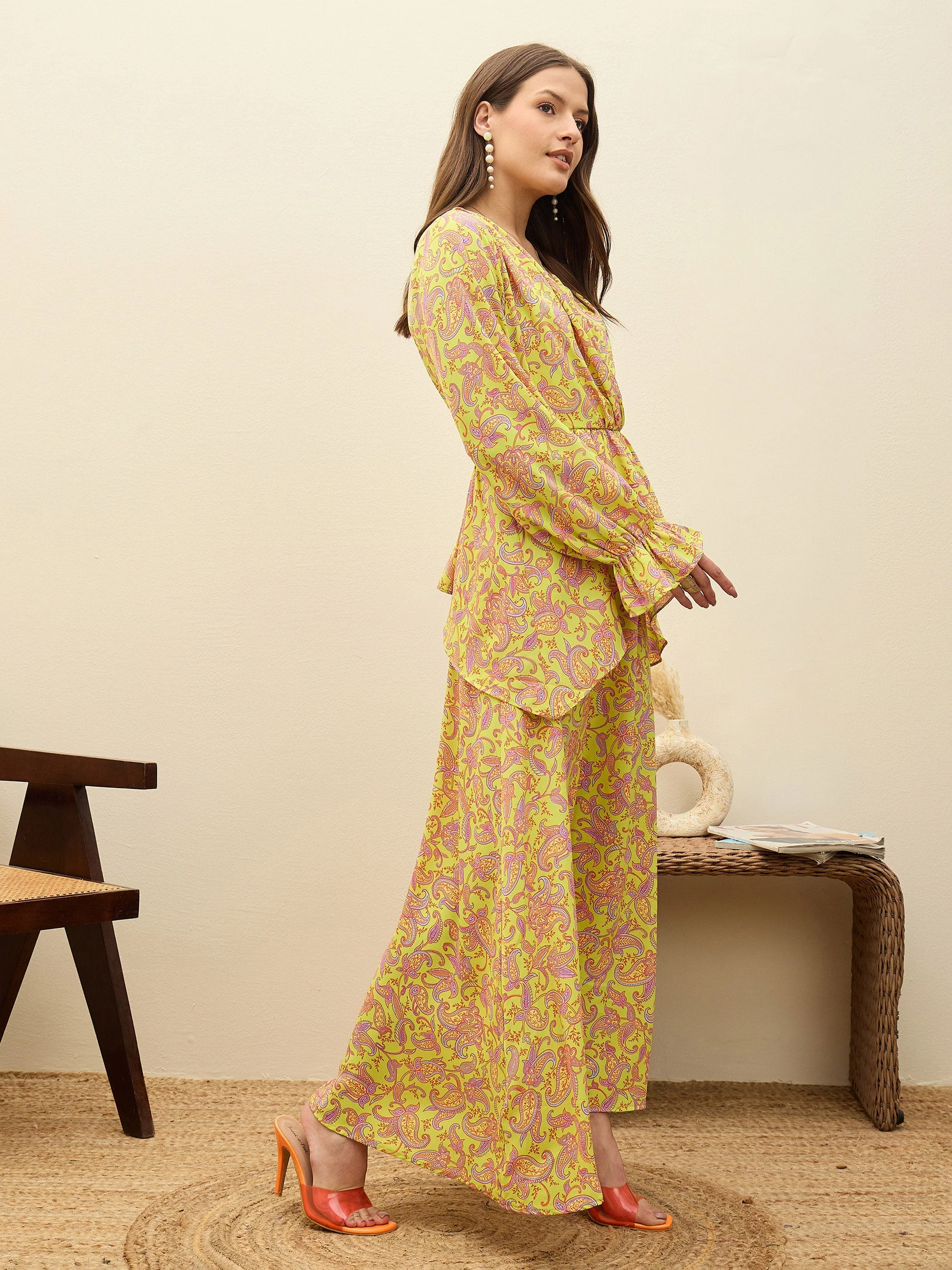Women Neon Green Paisley Peplum Maxi Dress - Image 3