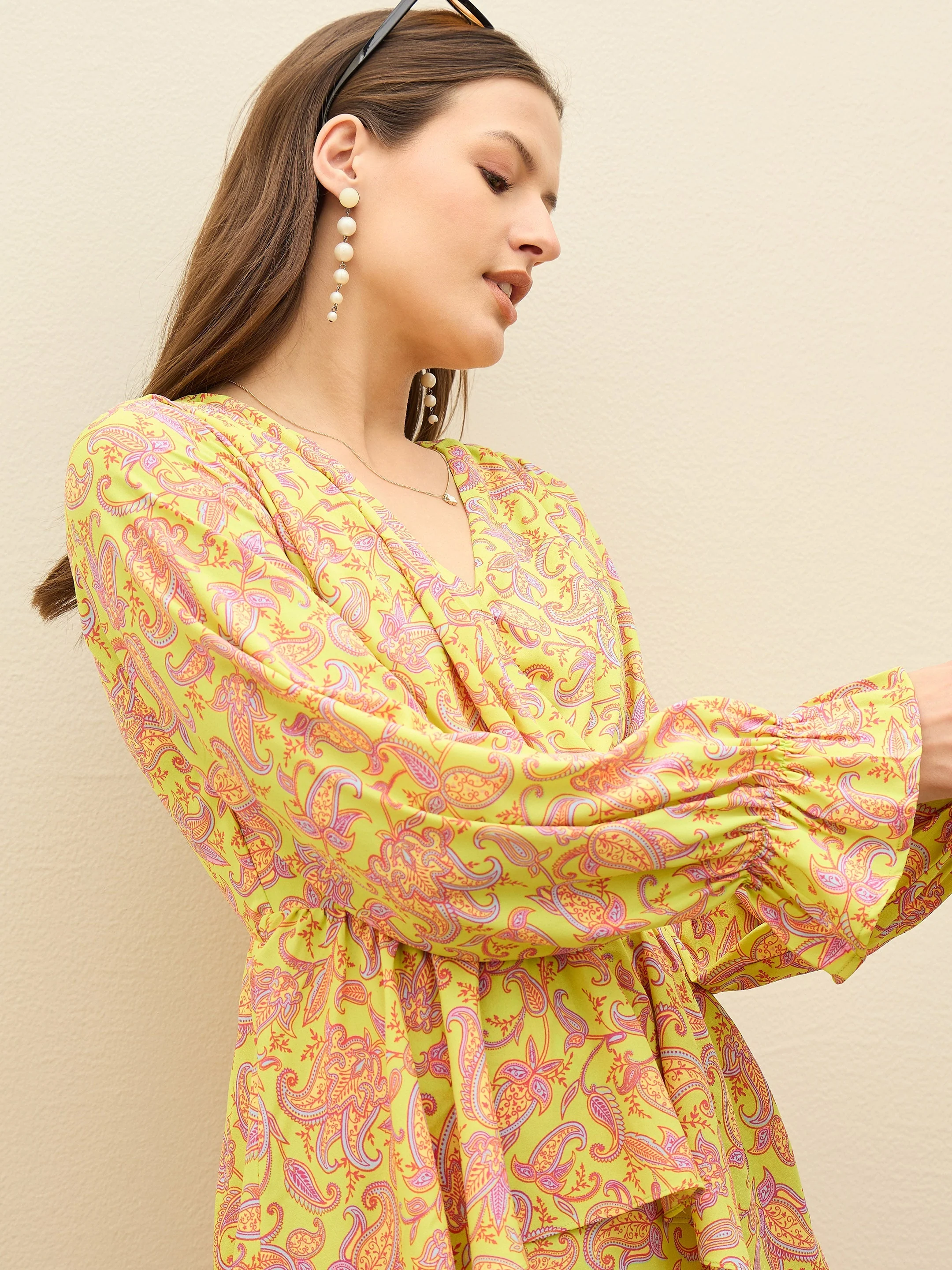 Women Neon Green Paisley Peplum Maxi Dress - Image 4