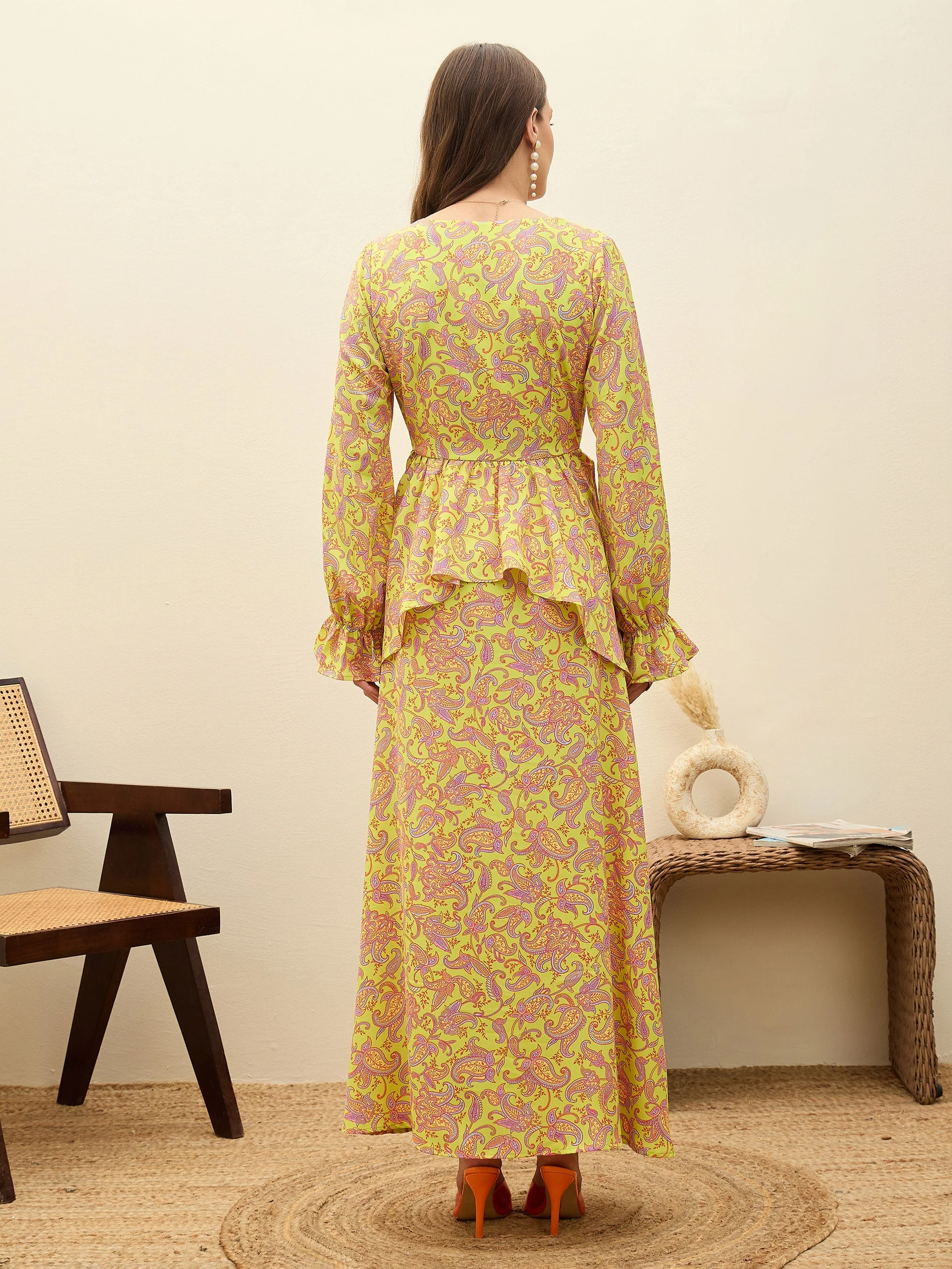 Women Neon Green Paisley Peplum Maxi Dress - Image 5