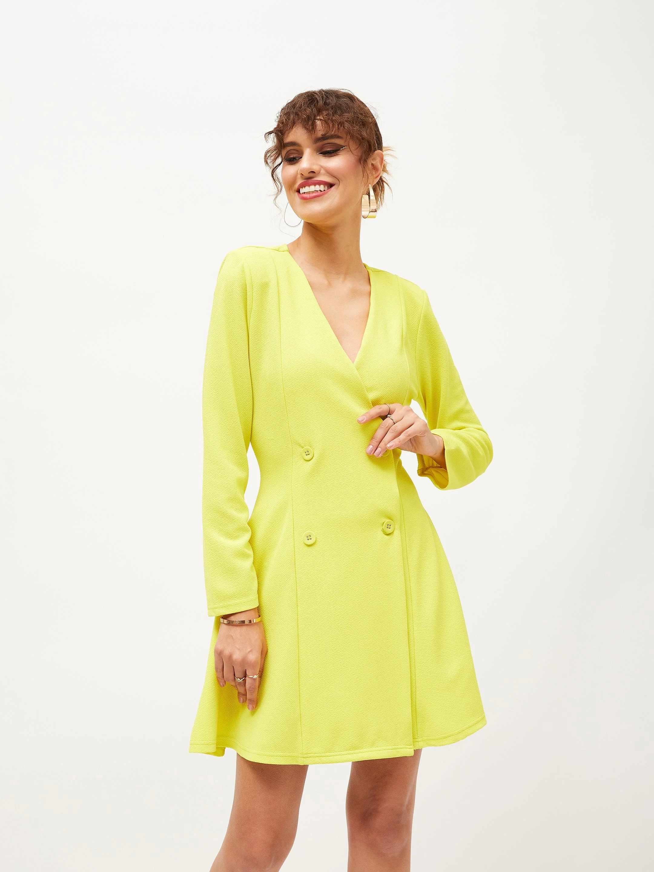 Women Neon Yellow Knitted Wrap Dress - Image 2