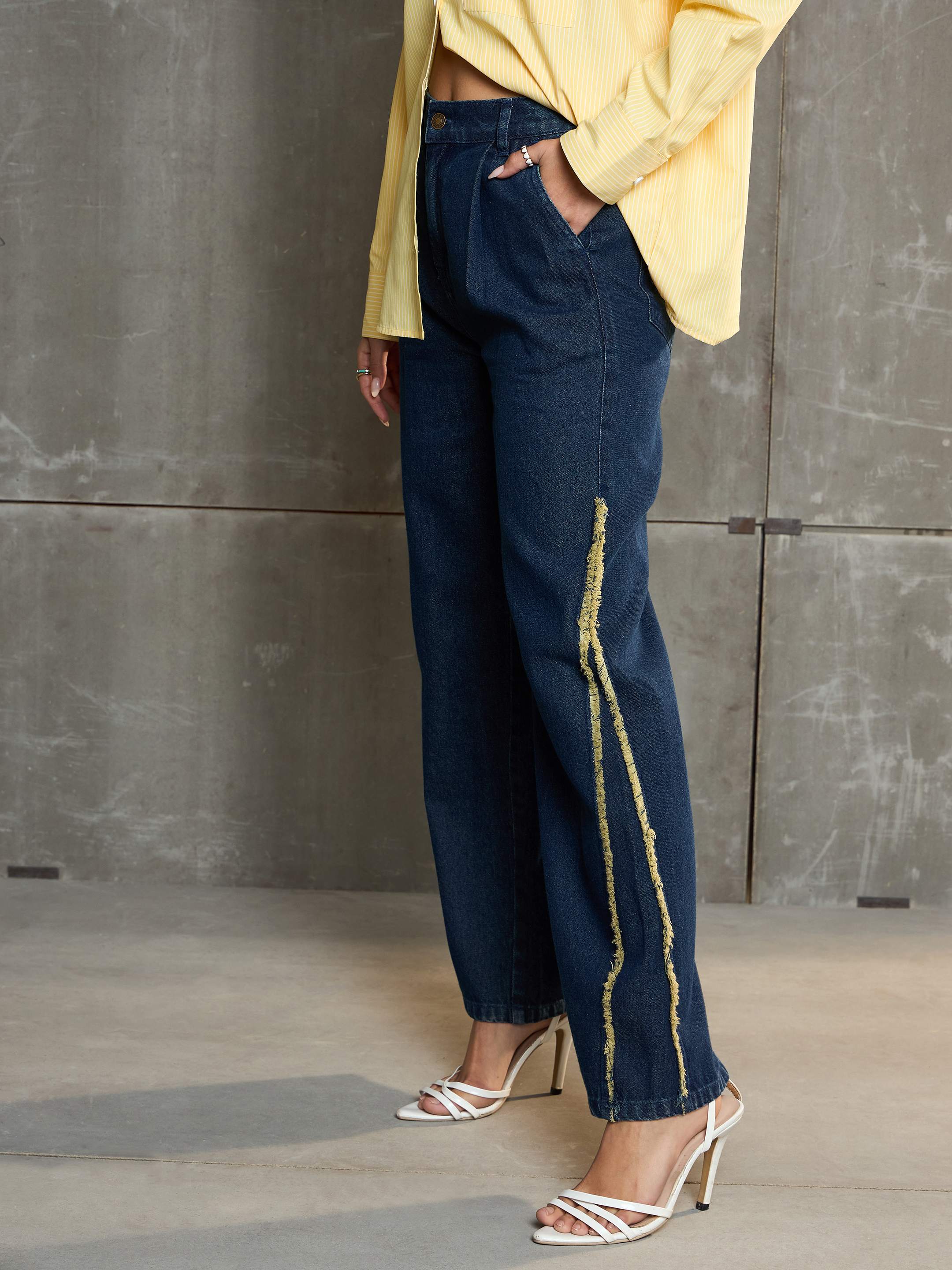 Women Nevy Blue Fringed Straight Fit Jeans - Image 3