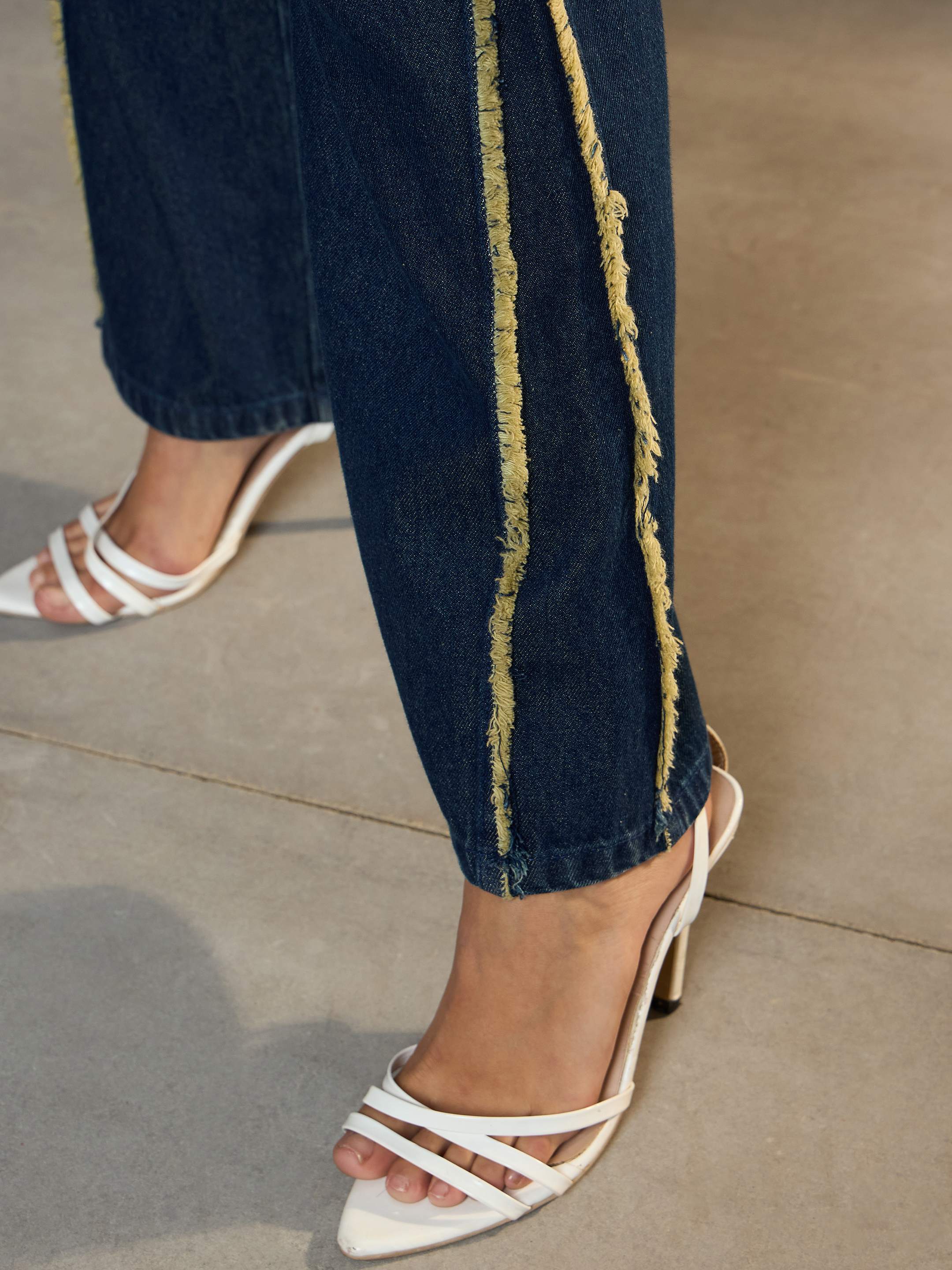 Women Nevy Blue Fringed Straight Fit Jeans - Image 5