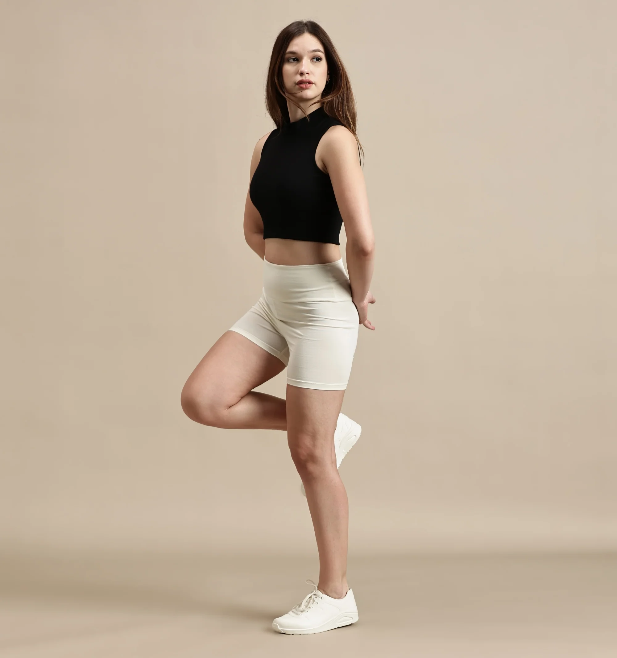 Women Off White Cotton Lycra Short - Image 2