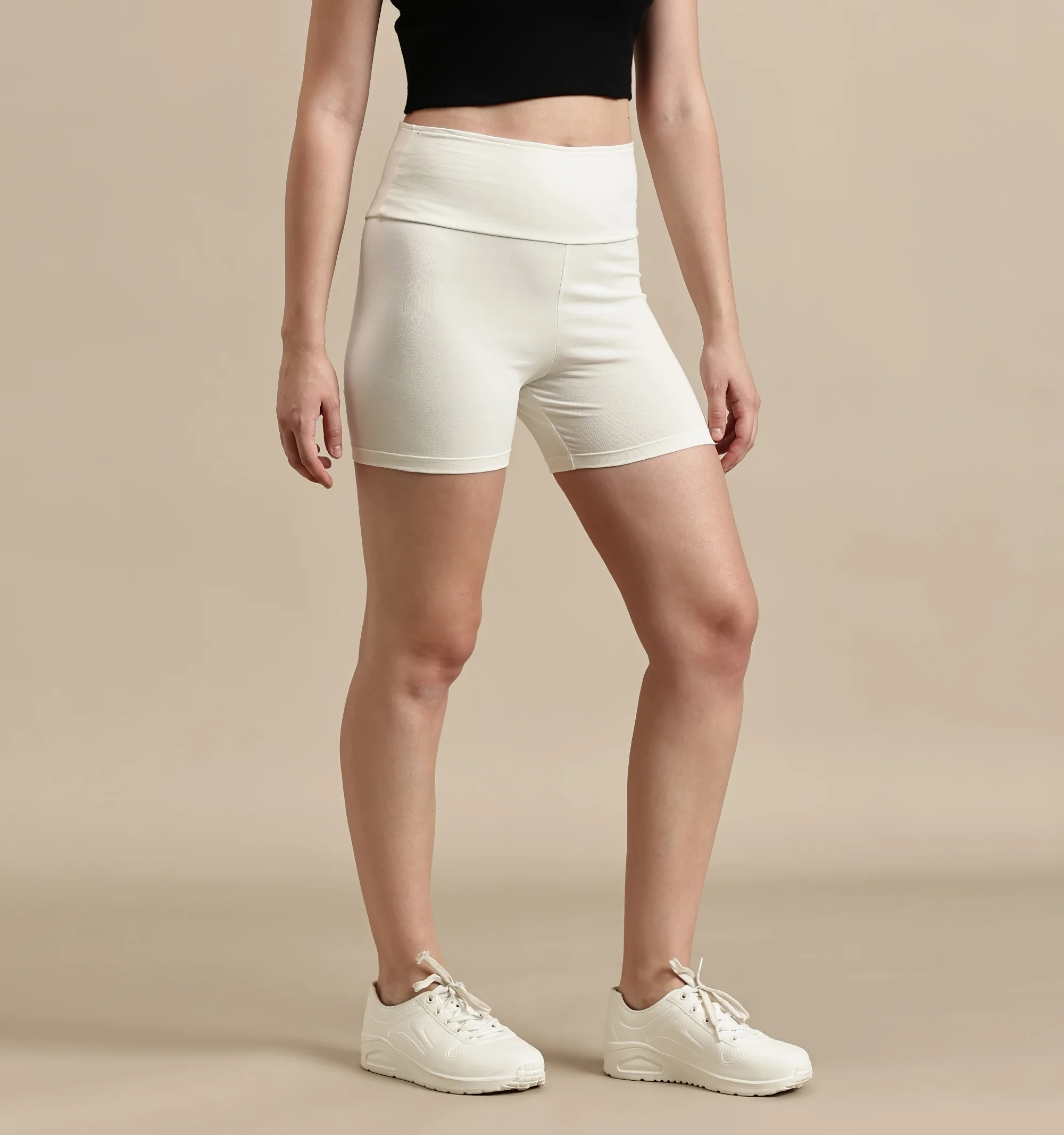 Women Off White Cotton Lycra Short - Image 3