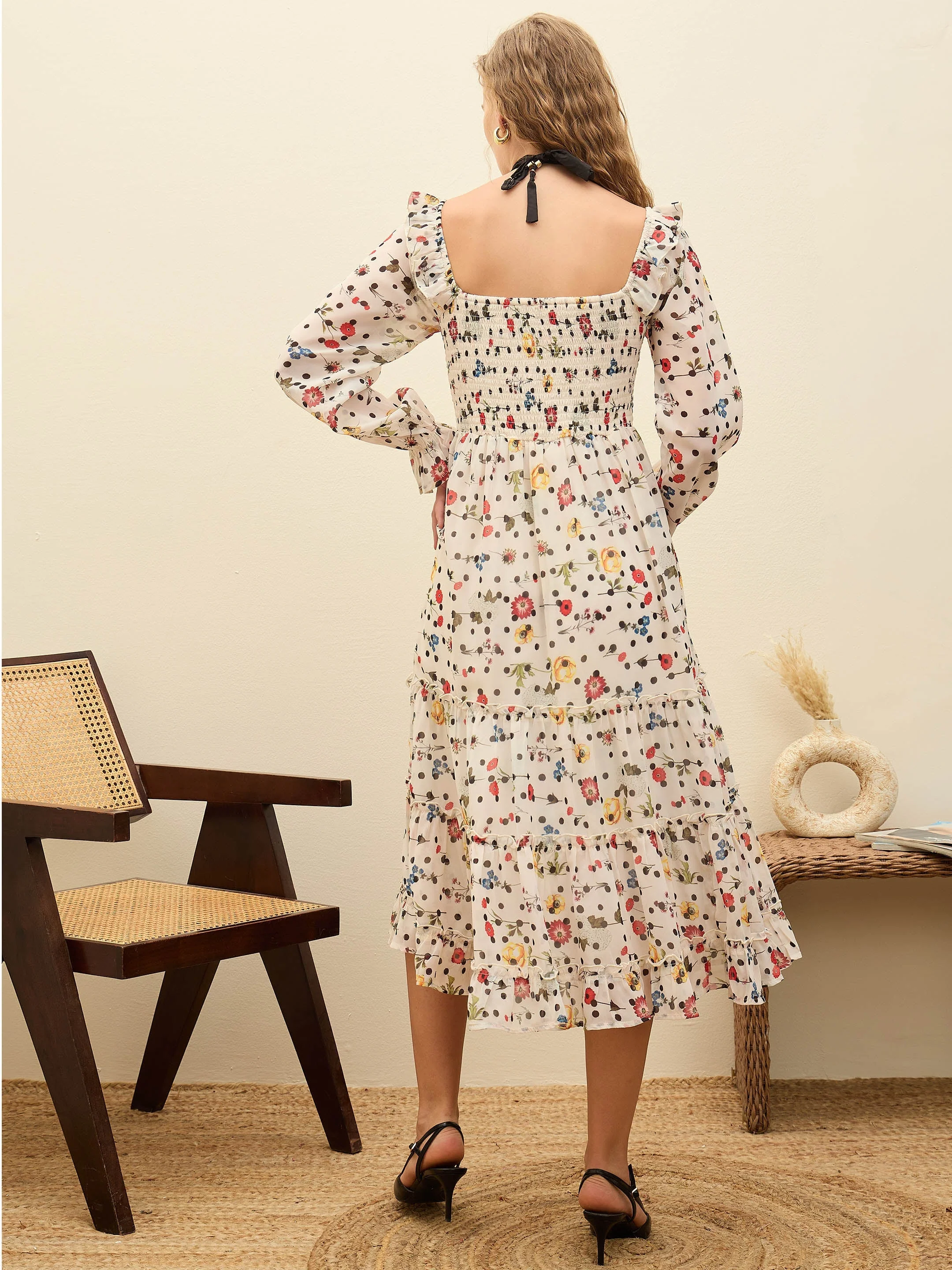 Women Off-White Ditsy Floral Square Neck Maxi Dress - Image 5