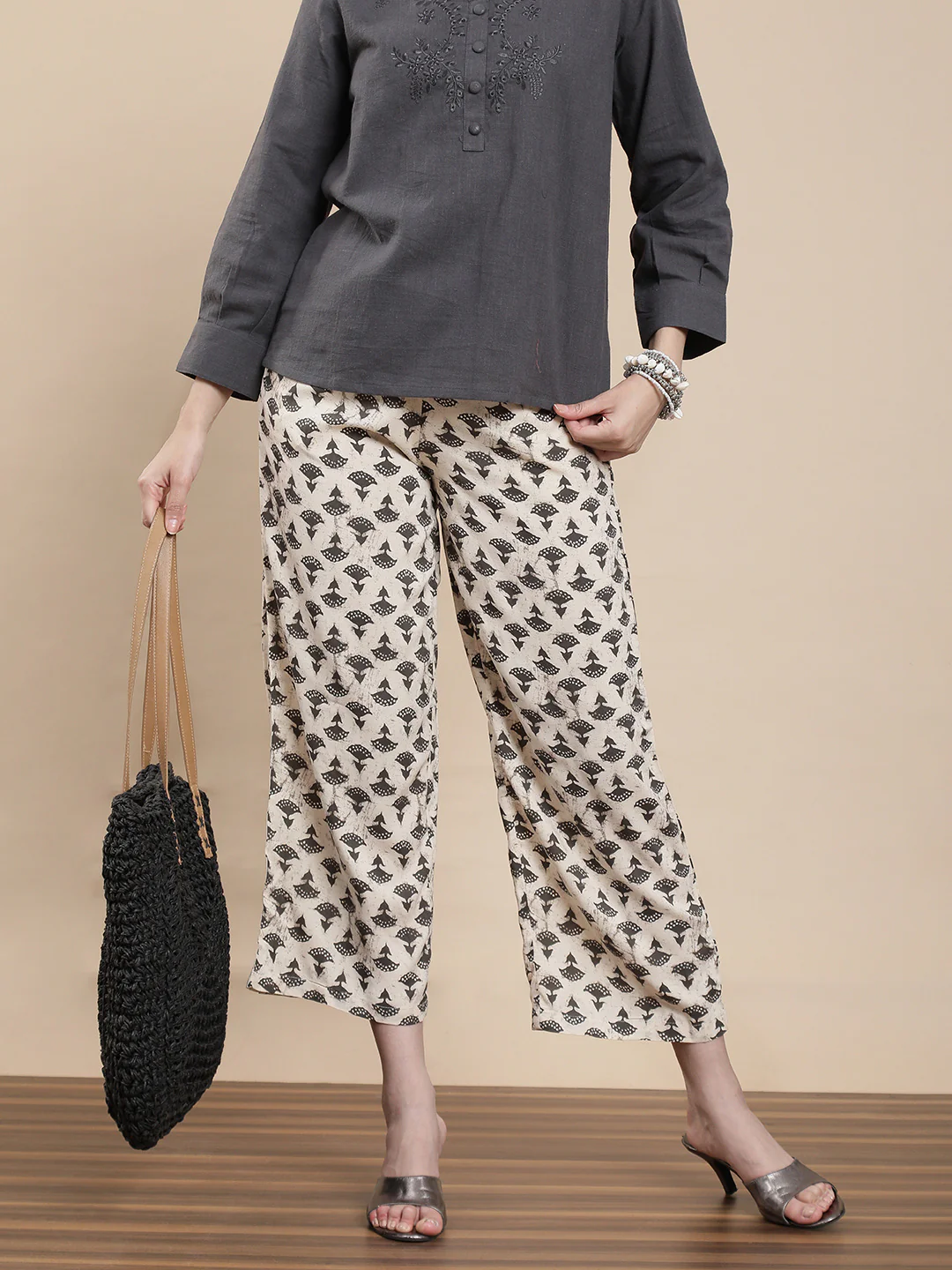 Women Off White Festive Palazzo - Image 4