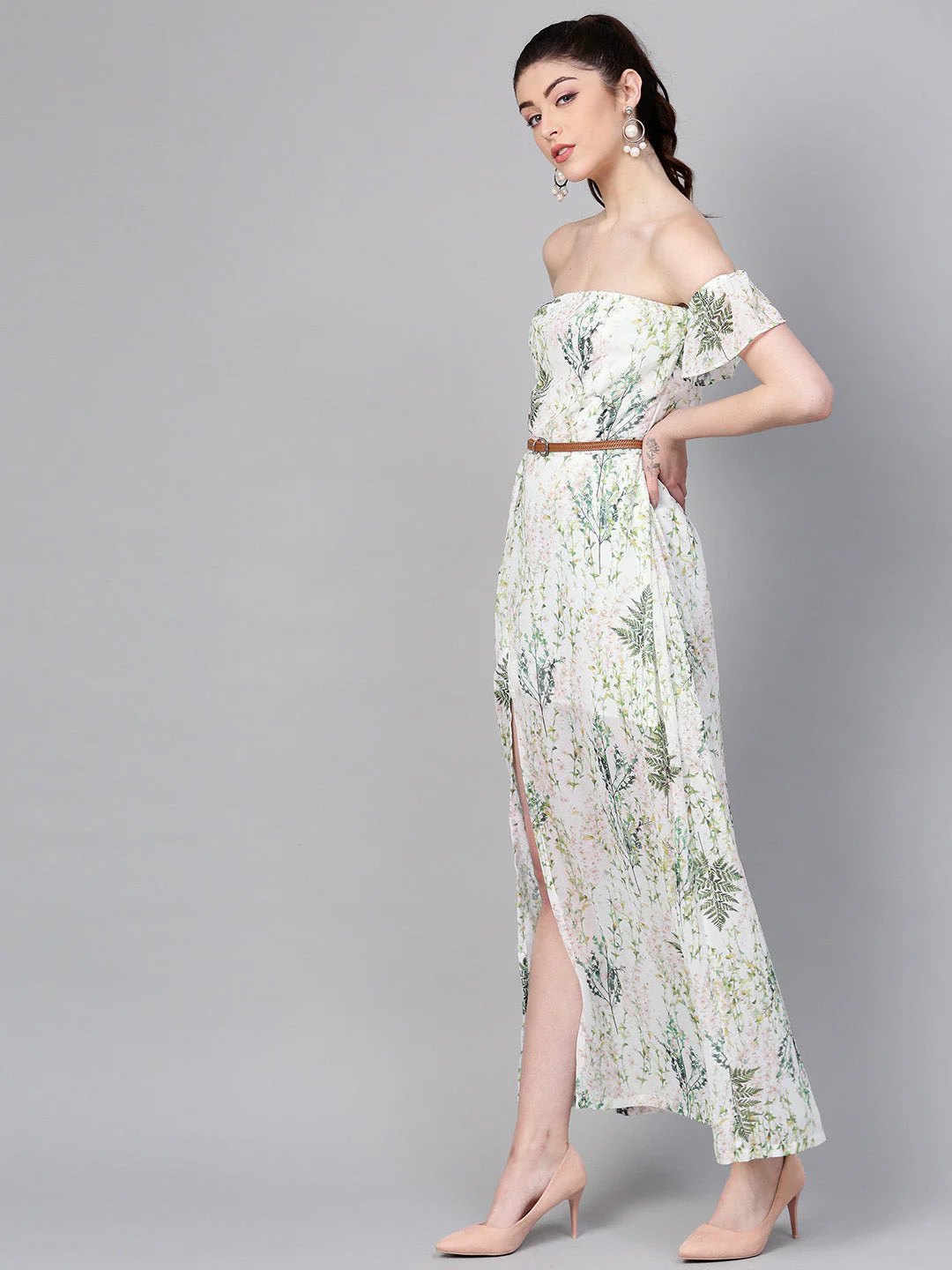 Women Off-White Floral Off Shoulder Belted Maxi - Image 2