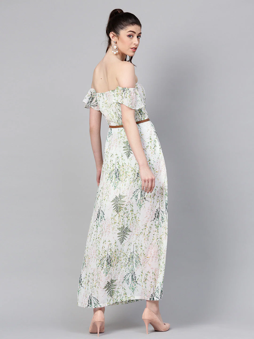 Women Off-White Floral Off Shoulder Belted Maxi - Image 3